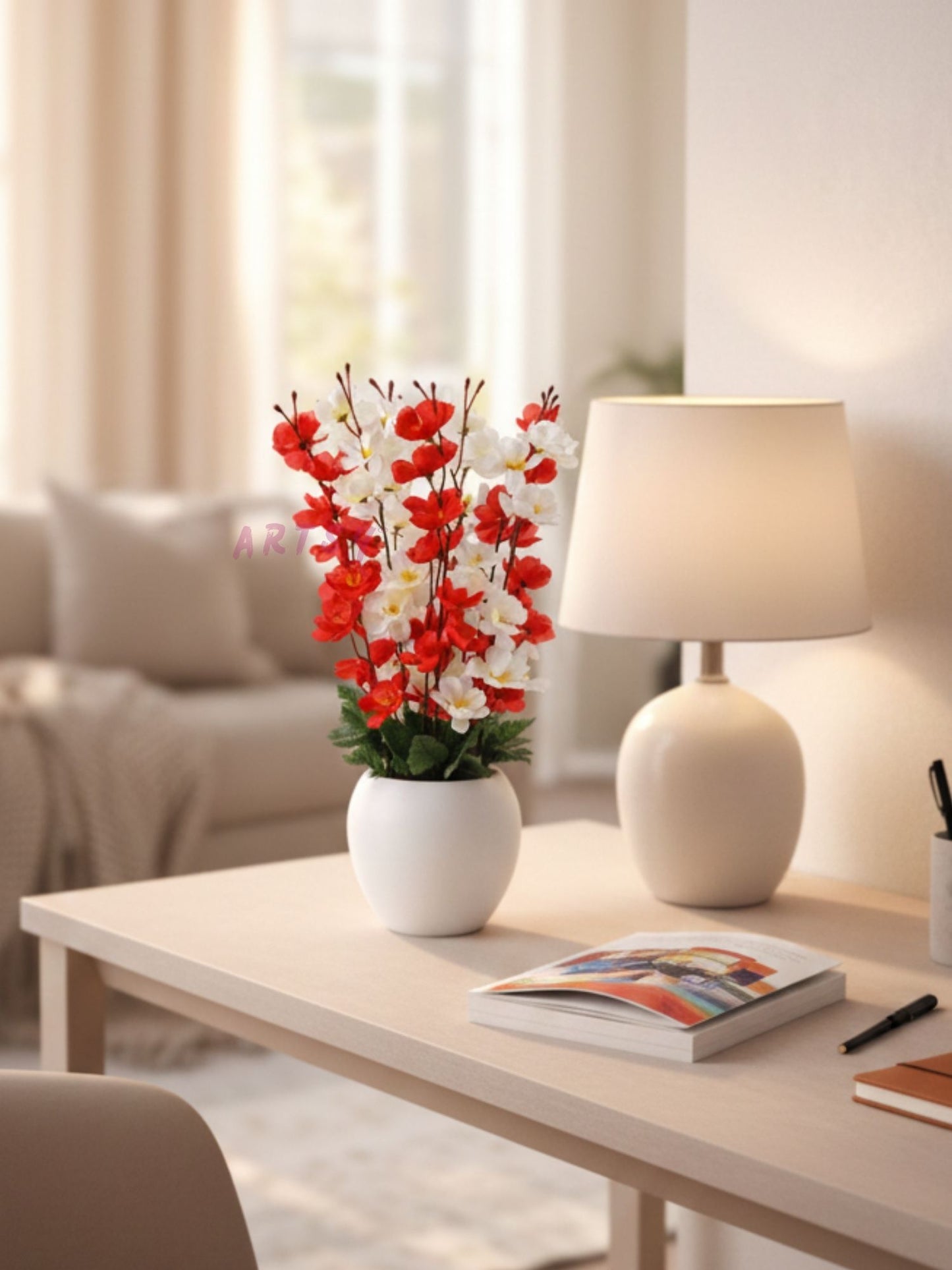 Elegant Red & White Artificial Blossom Flower Pot for Home Decor, Pack of 1