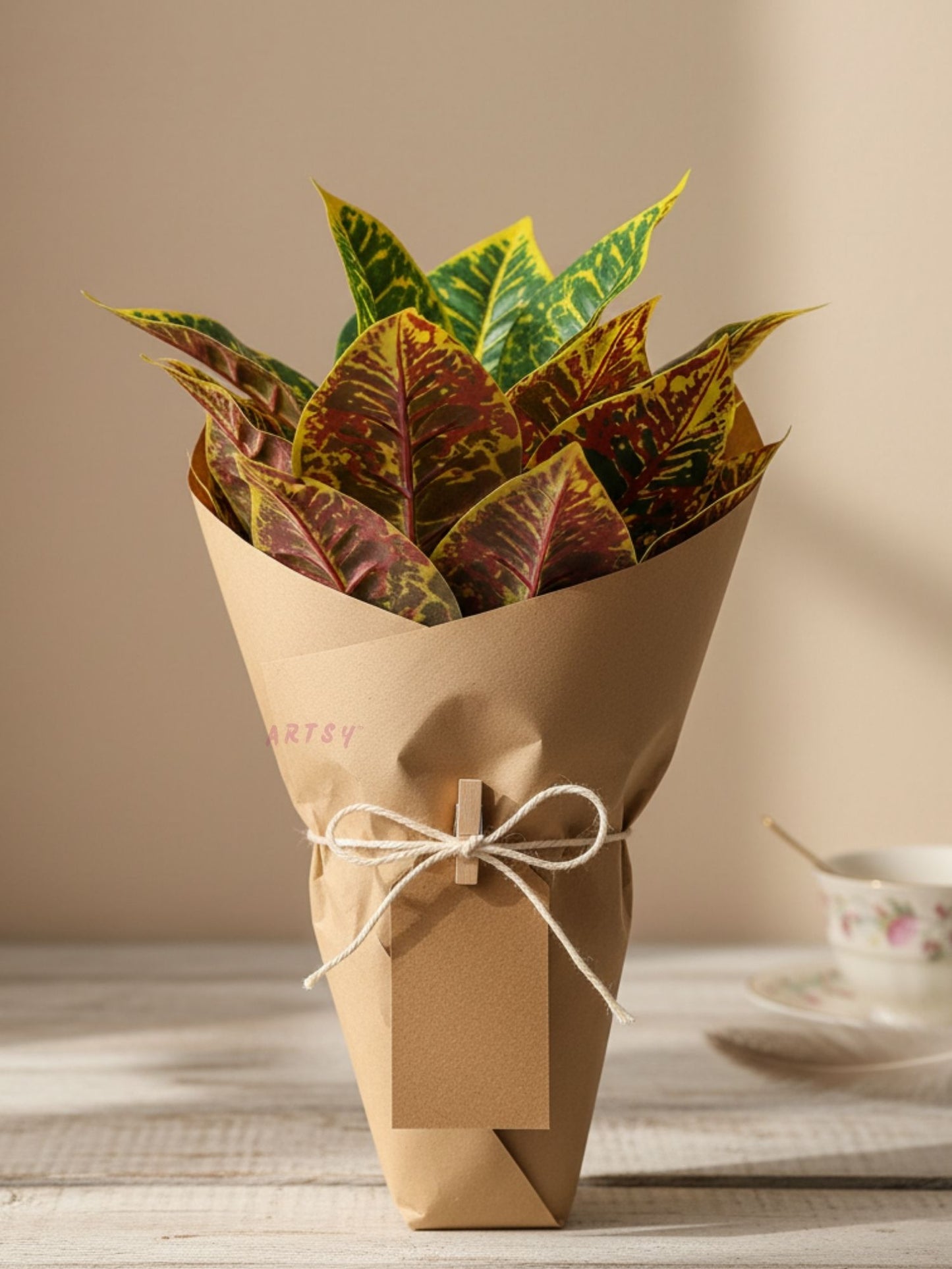 ARTSY Artificial Croton Leaf Bunch for Home Decor | Realistic Tropical Faux Plant for Living Room, Office & Vase Decoration (Pack of 1)