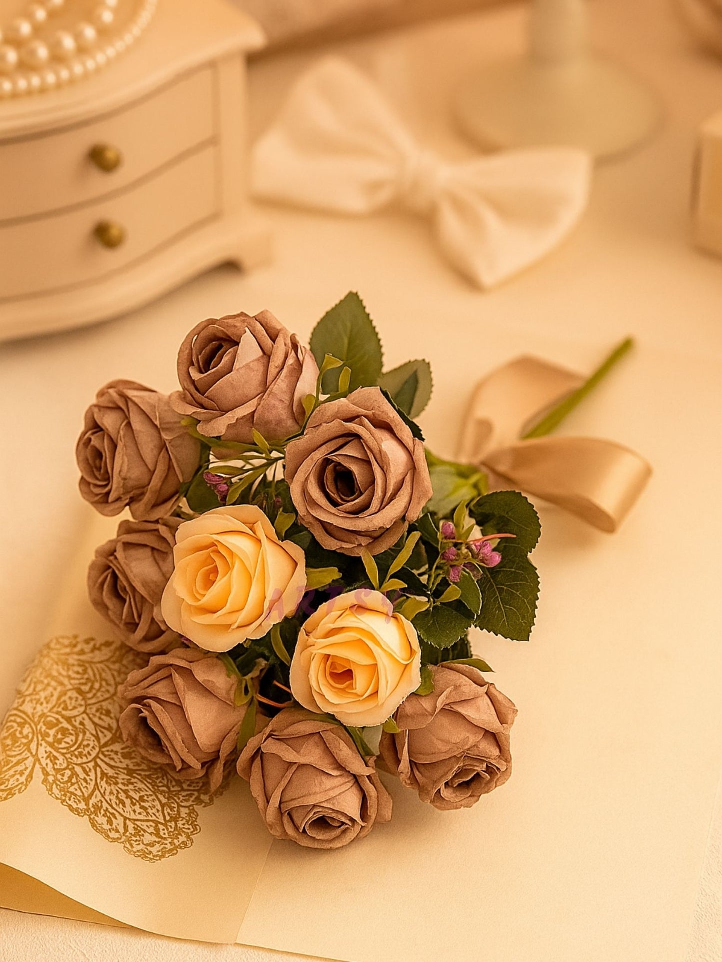 Golden Opulence: Lifelike Artificial Golden Rose - Eternal Gilded Beauty, Artificial rose flower bunches for vase, home decor, Combo Pack of 2 Pieces, Without Vase
