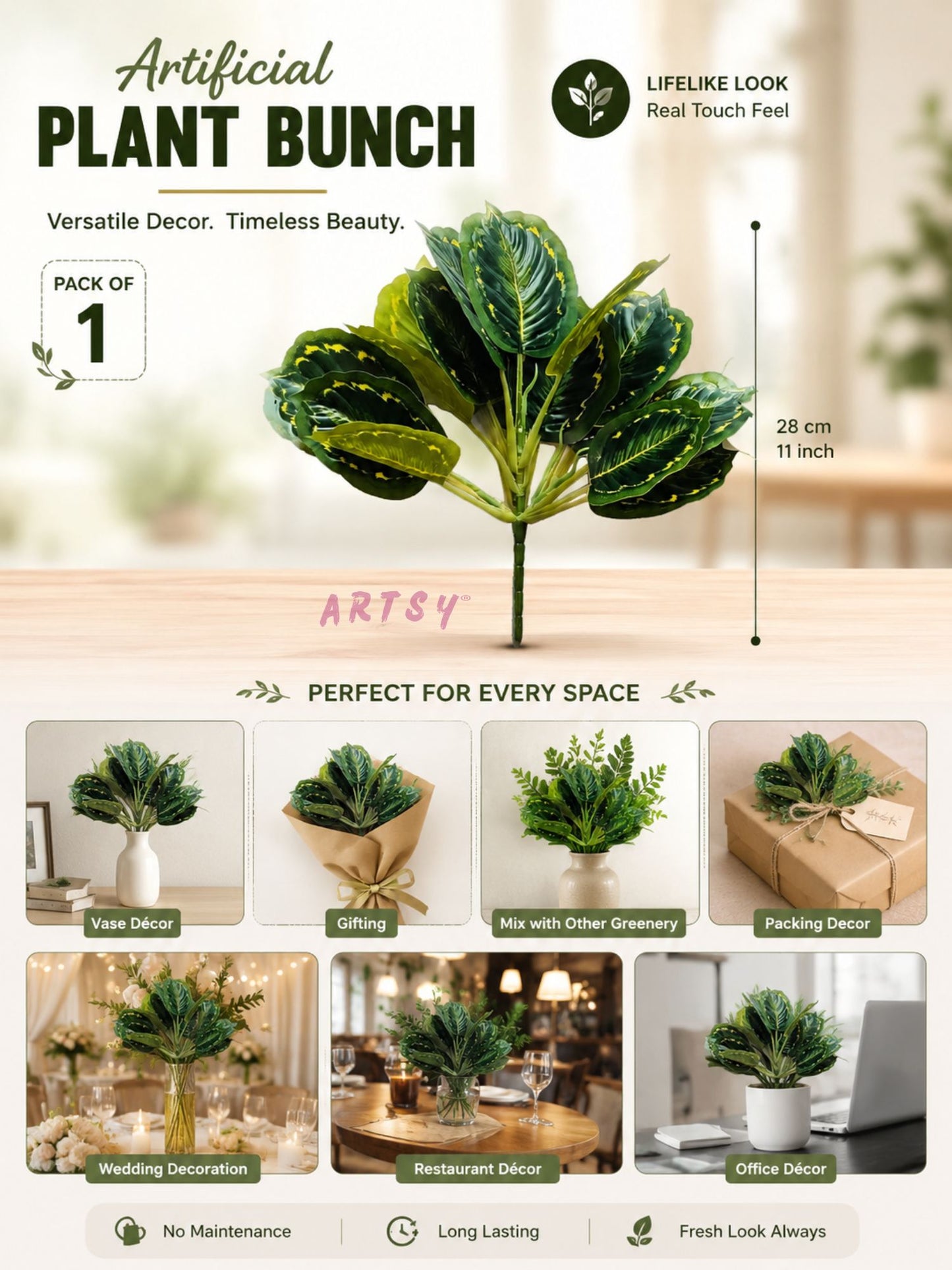 ARTSY Realistic Artificial Leaf Bunch for Vase, Living Room & Home Decor (Pack of 1)