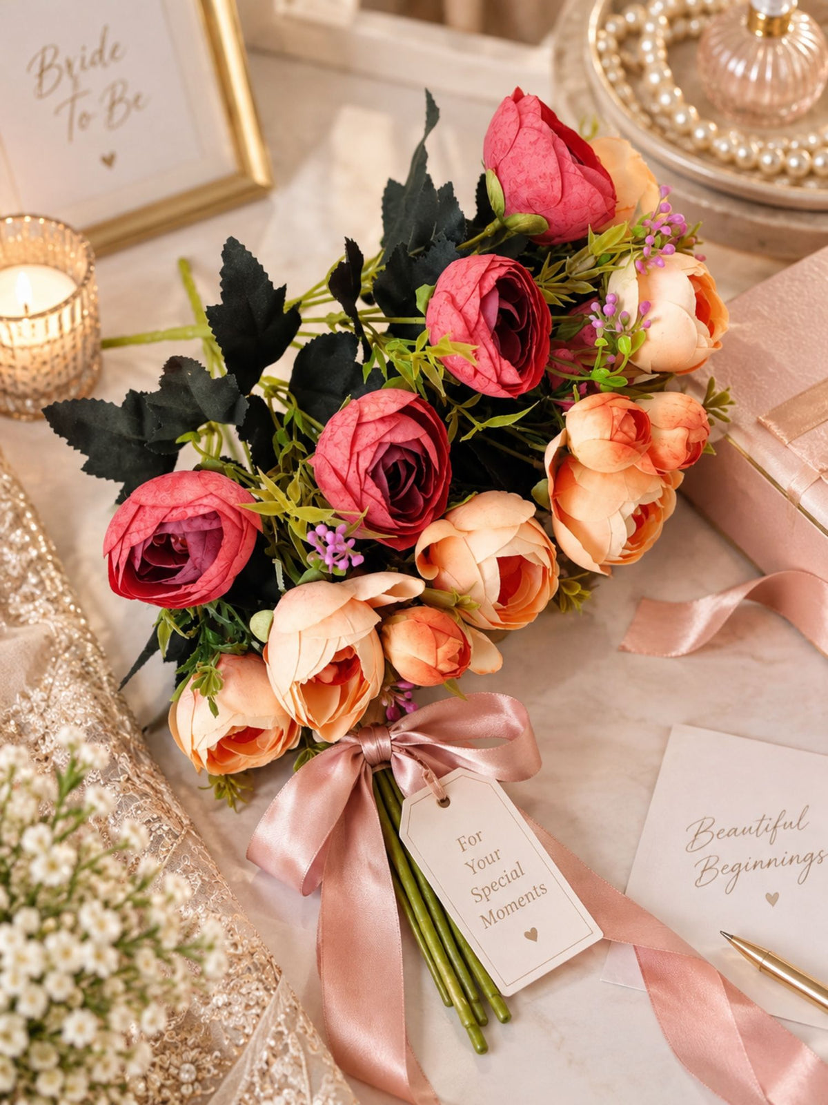 ARTSY Artificial Peony Flower Bunch – Pack of 2, Realistic Faux Flowers for Home Decor, Wedding, Festive Decoration & Gifting