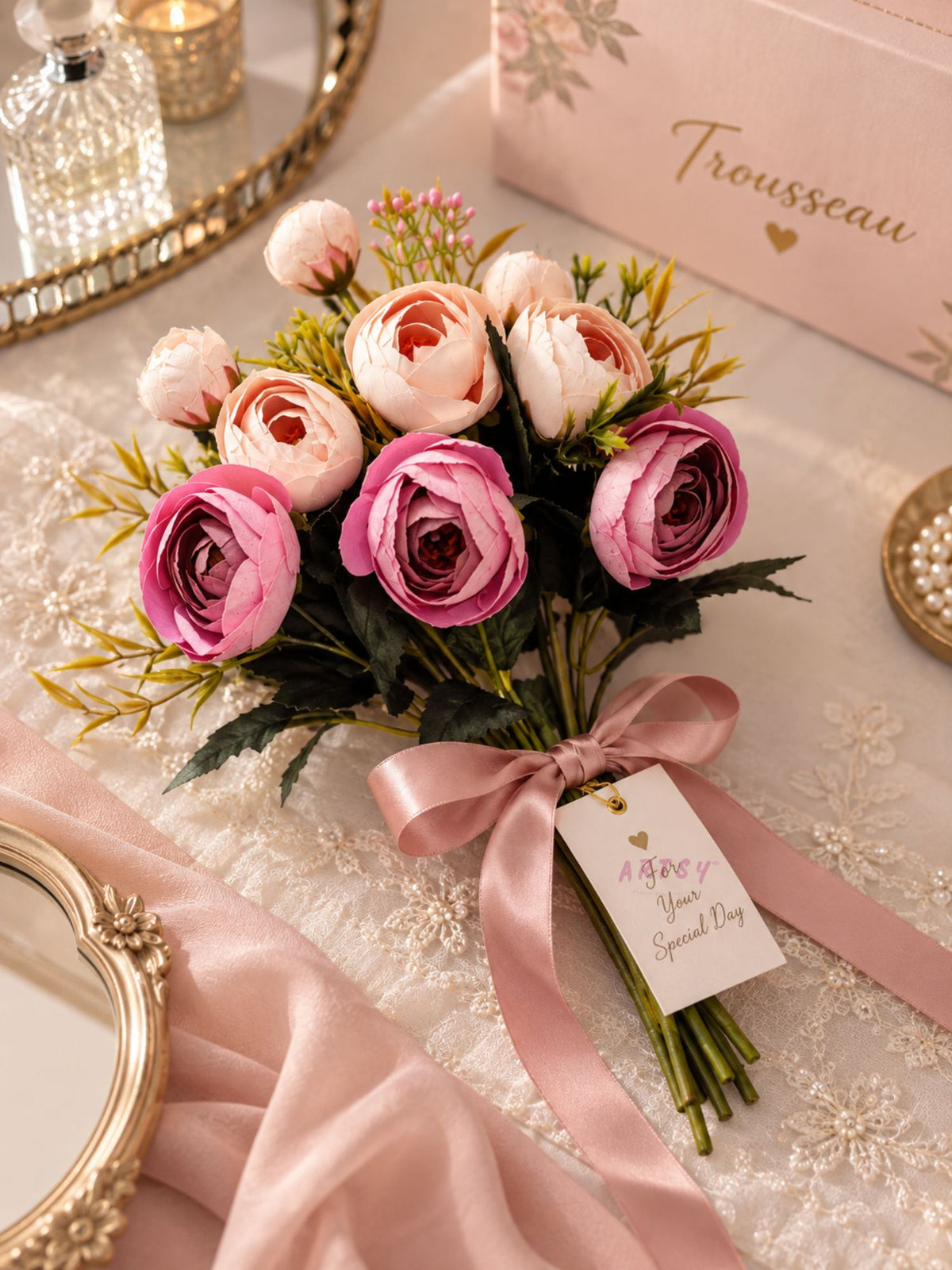 ARTSY Artificial Rose Flower Bunch – Realistic Pink & Peach Rose Bouquet, 1 Piece for Home Decor, Wedding & Gifting
