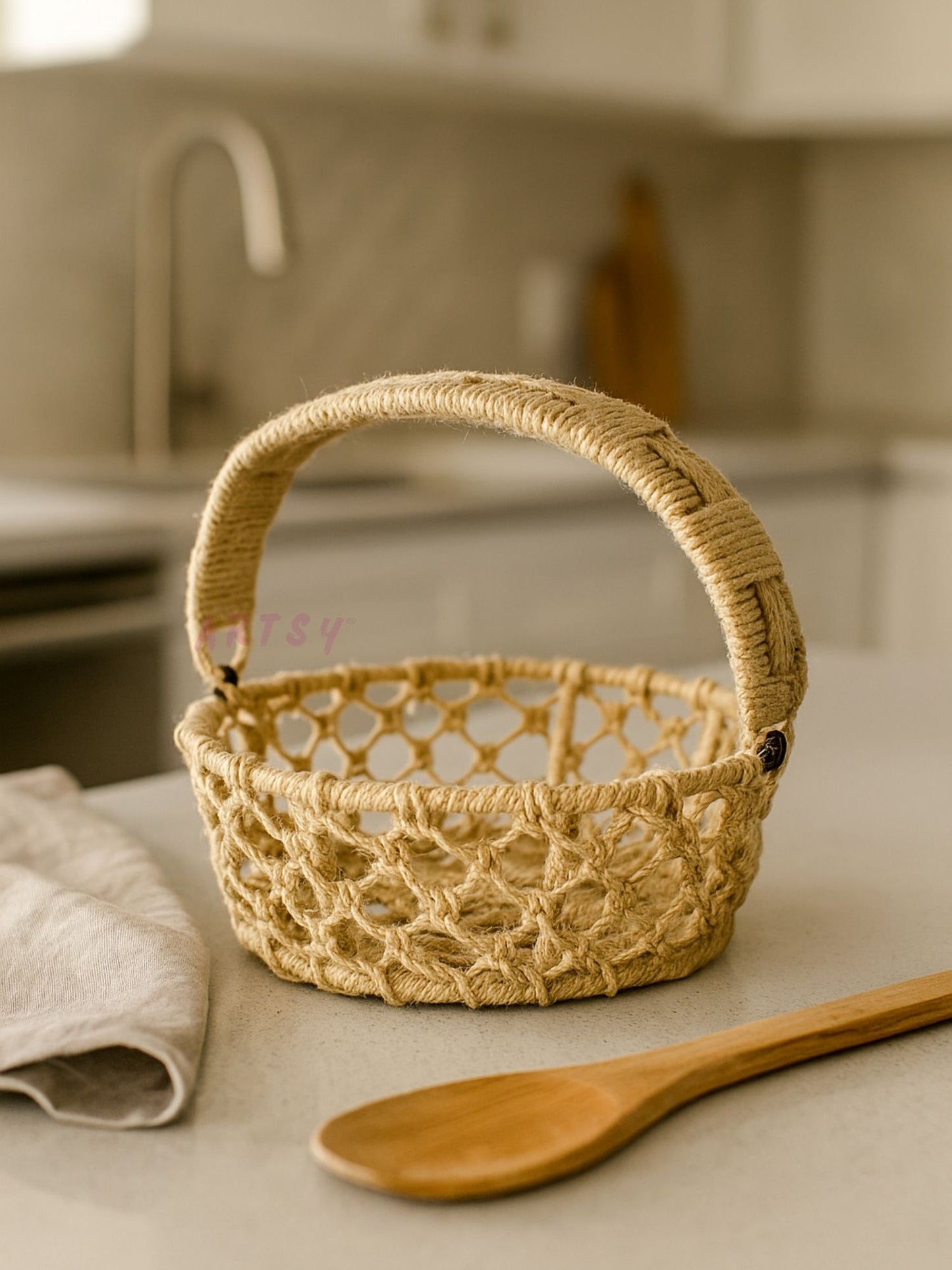 ARTSY Boho Handwoven Rope Basket with Handle | Decorative Storage & Gift Hamper Basket