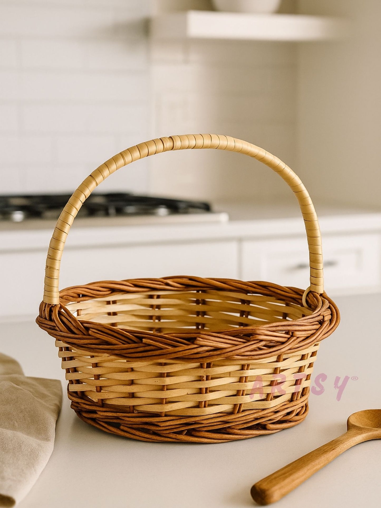 ARTSY Rustic Handwoven Wicker Basket with Handle – Decorative Hamper & Storage Basket for Home Décor, Gifting & Pooja Use