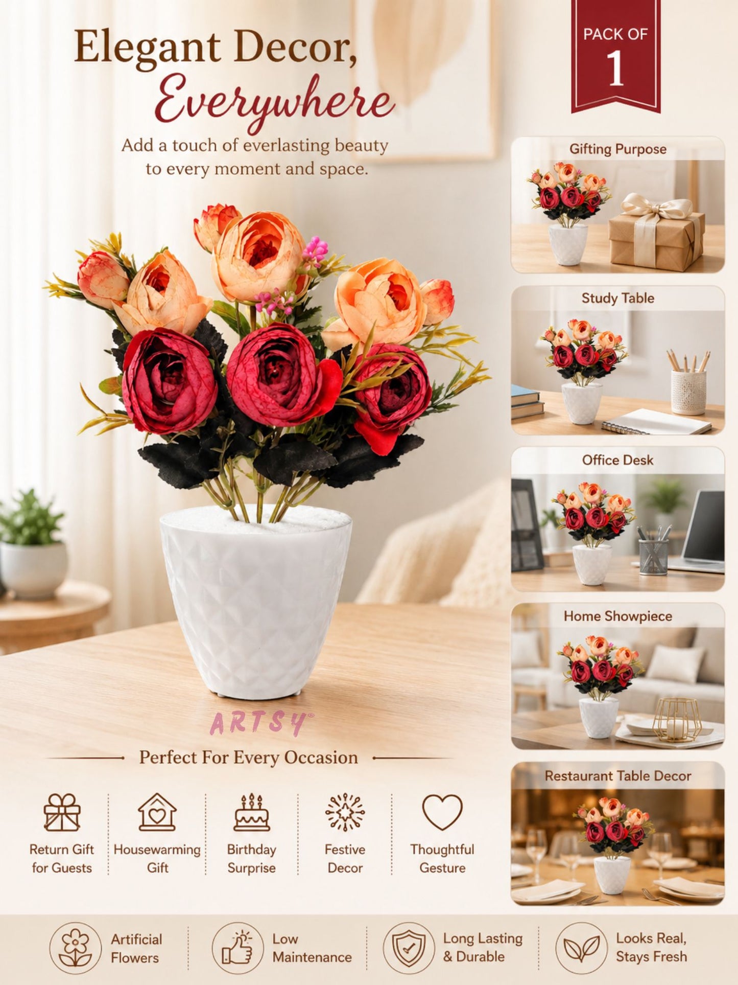Luxury Dual Tone Artificial Flower Pot with Designer White Vase | Premium Home Decor (Pack of 1)