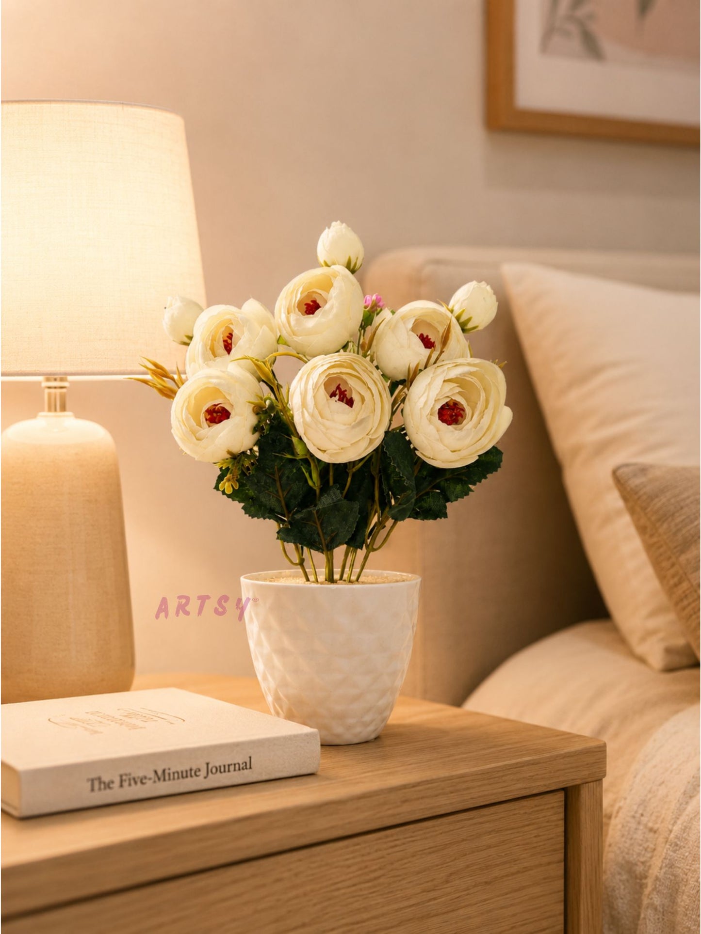 Luxury Ivory Peony Artificial Flower Pot for Home Decor | Premium Decorative Tabletop Floral Arrangement (Pack of 1)