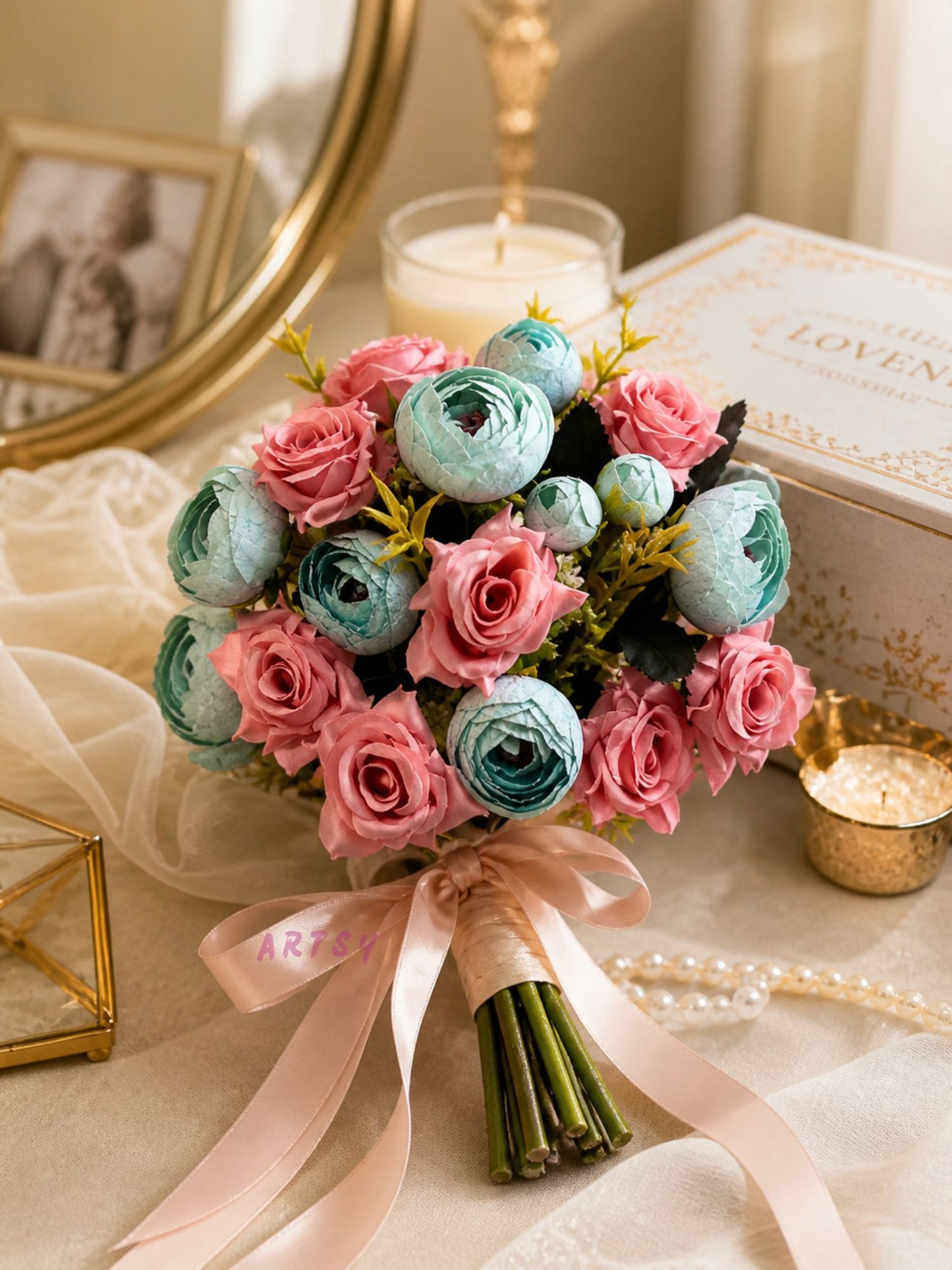 ARTSY Artificial Rose & Peony Flower Bunch Combo Pack of 2 | Realistic Faux Flowers for Home Decoration