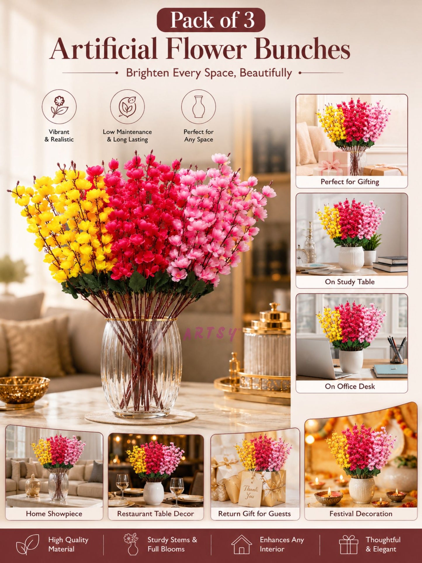 Artificial Blossom Flower Bunch Set of 3 for Home Decor | Premium Decorative Artificial Flowers