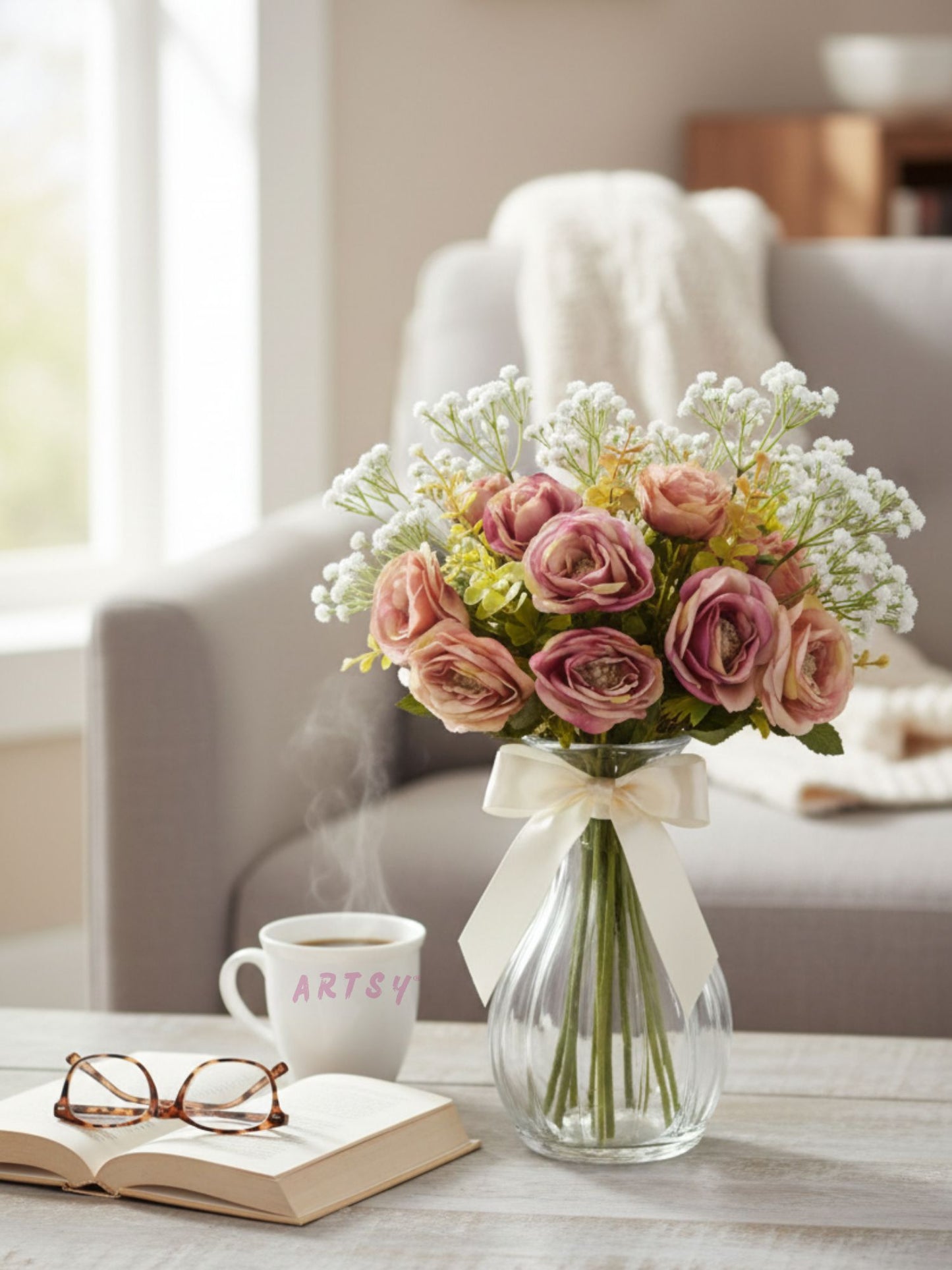 ARTSY Artificial Rose Flower Bunch with Baby Breath Flowers (Pack of 3) | Realistic Faux Floral Bouquet for Home, Office & Wedding Décor