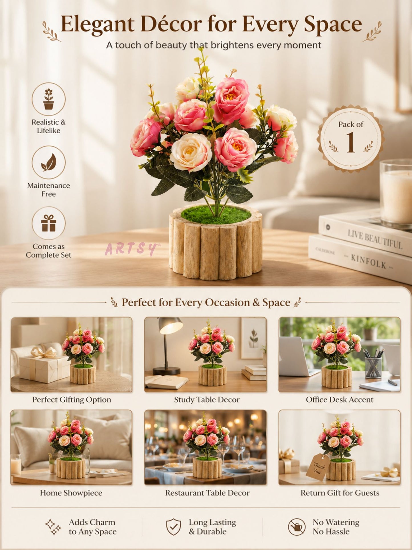 Luxury Artificial Rose Flower Arrangement with Rustic Wooden Pot for Home Decor, Pack of 1