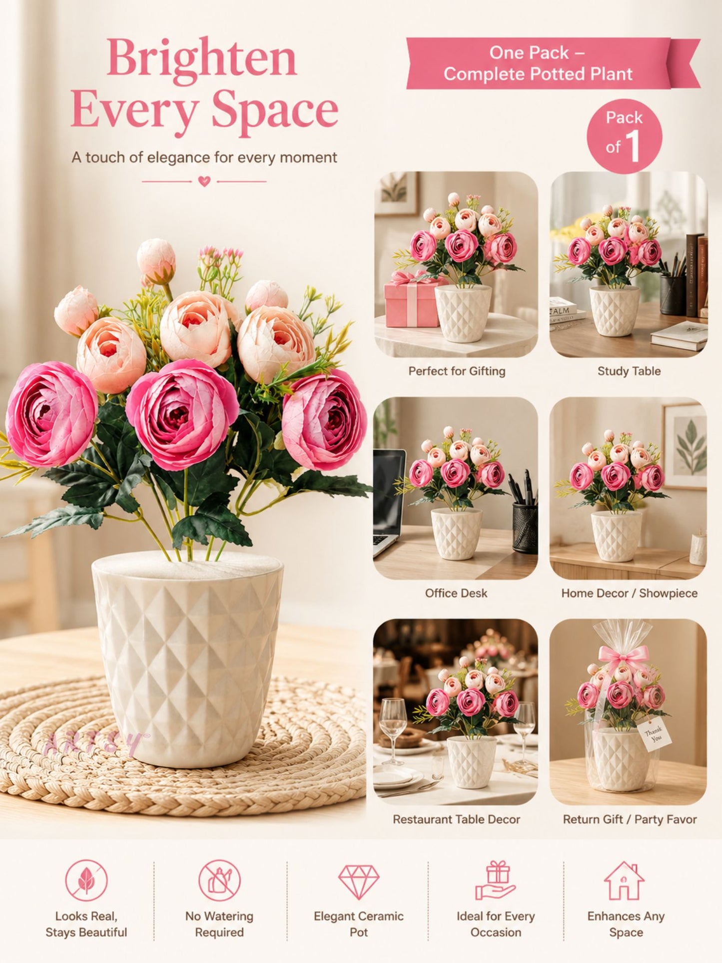 Elegant Artificial Ranunculus Flowers with Designer Pot – Pack of 1