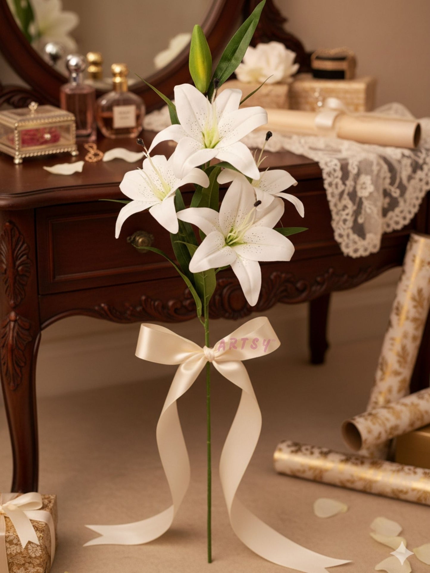 ARTSY Artificial White Lily Flower Stick for Vase Decoration & Home Décor
