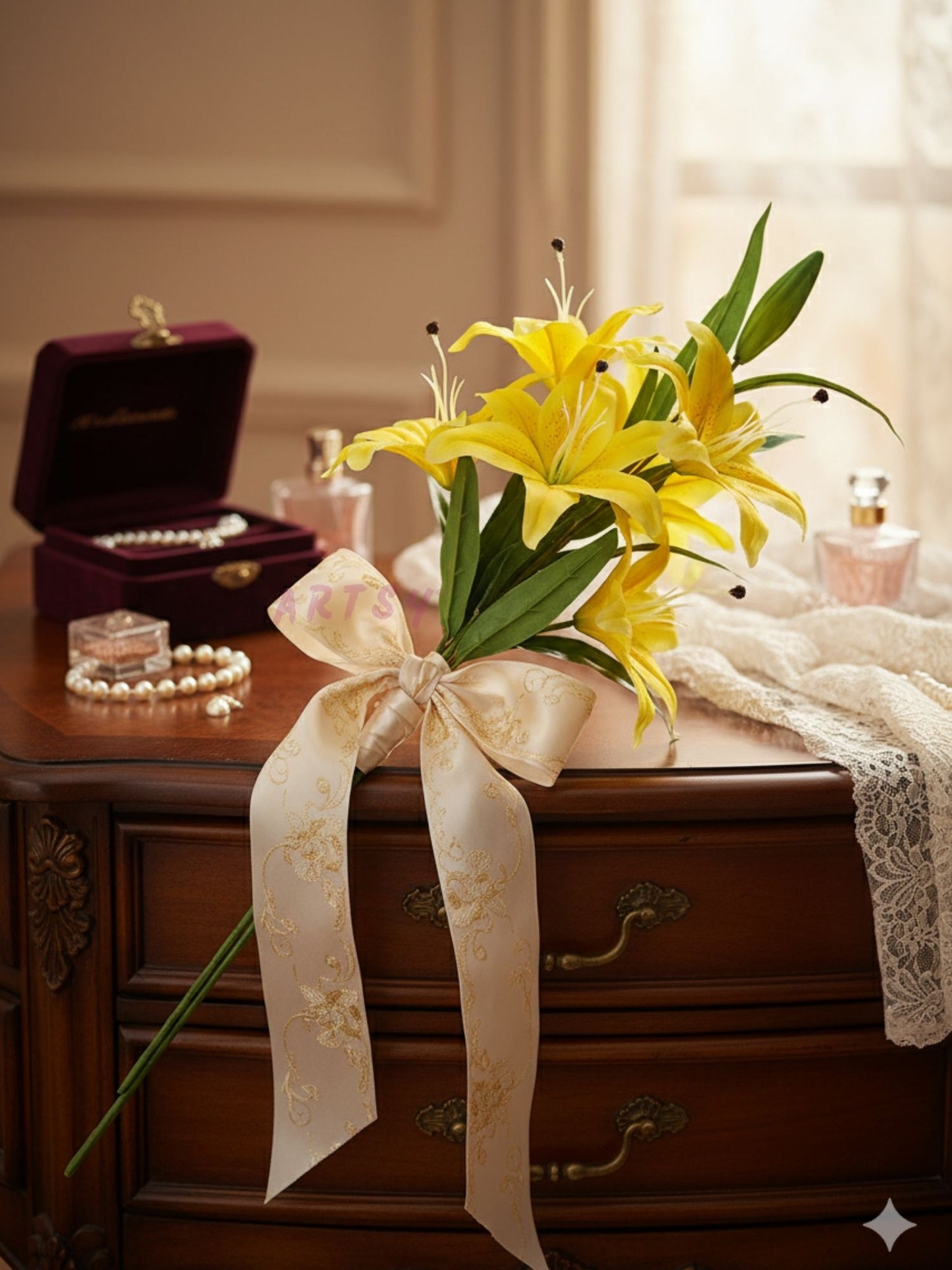 ARTSY Realistic Yellow Lily Flower Stem for Vase Arrangements & Décor