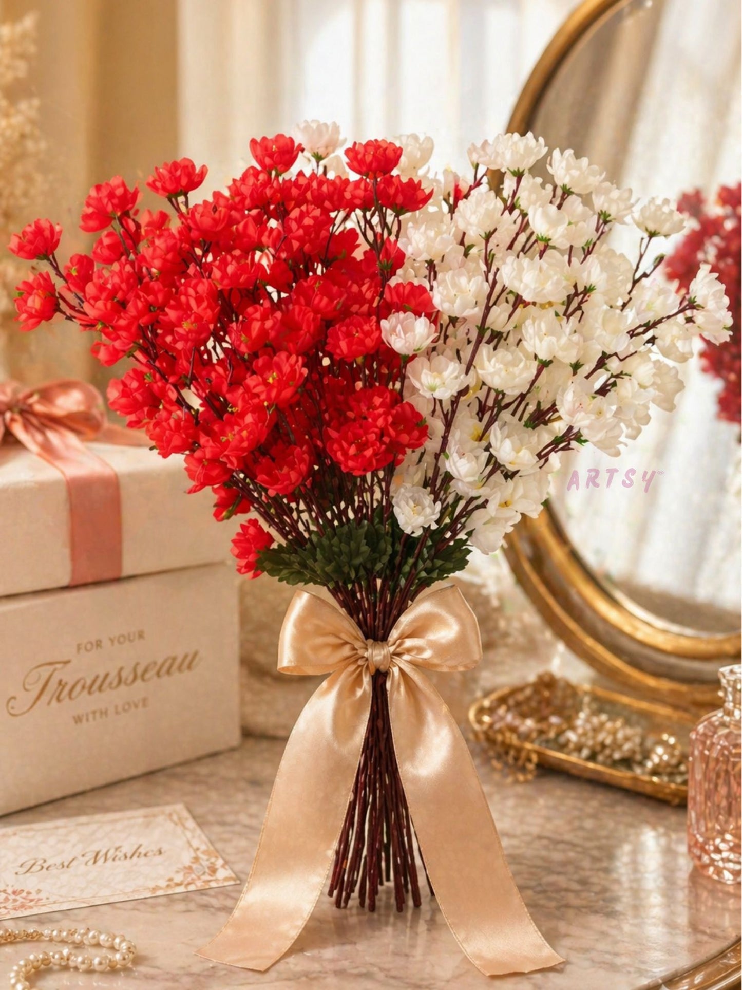 Red & White Artificial Blossom Flower Bunch for Home Decor | Premium Faux Floral Arrangement