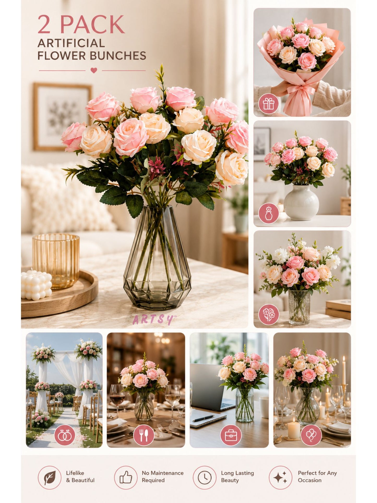 Exquisite Artificial Rose Bunch. Pack Of 2 Pieces