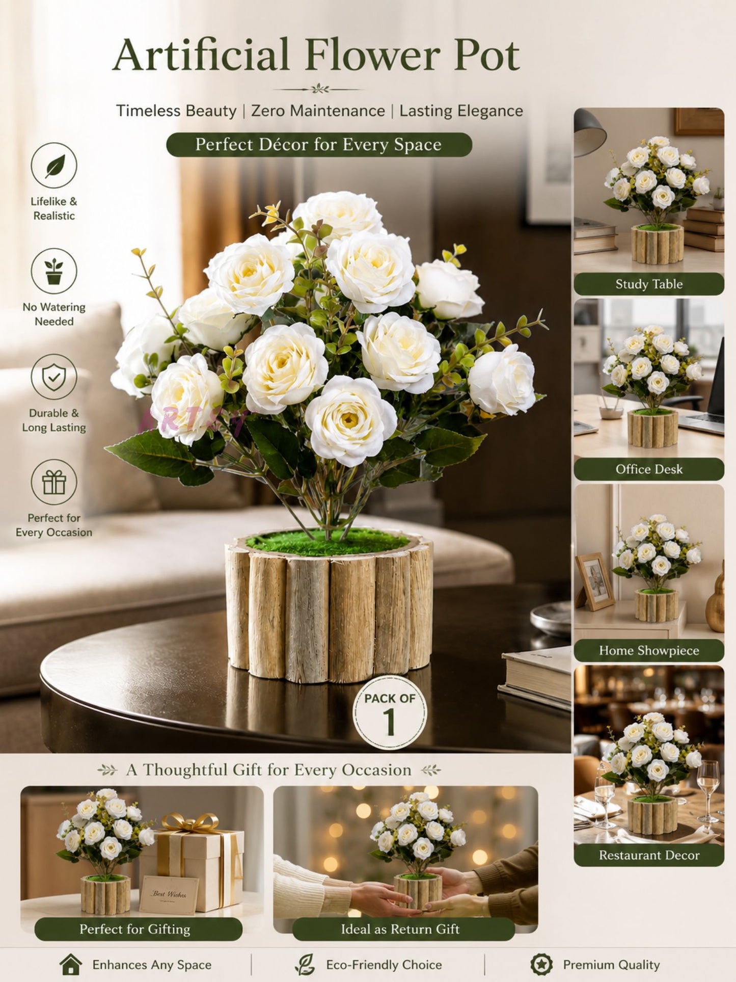 Elegant White Rose Artificial Flower Arrangement with Rustic Wooden Planter, Pack of 1
