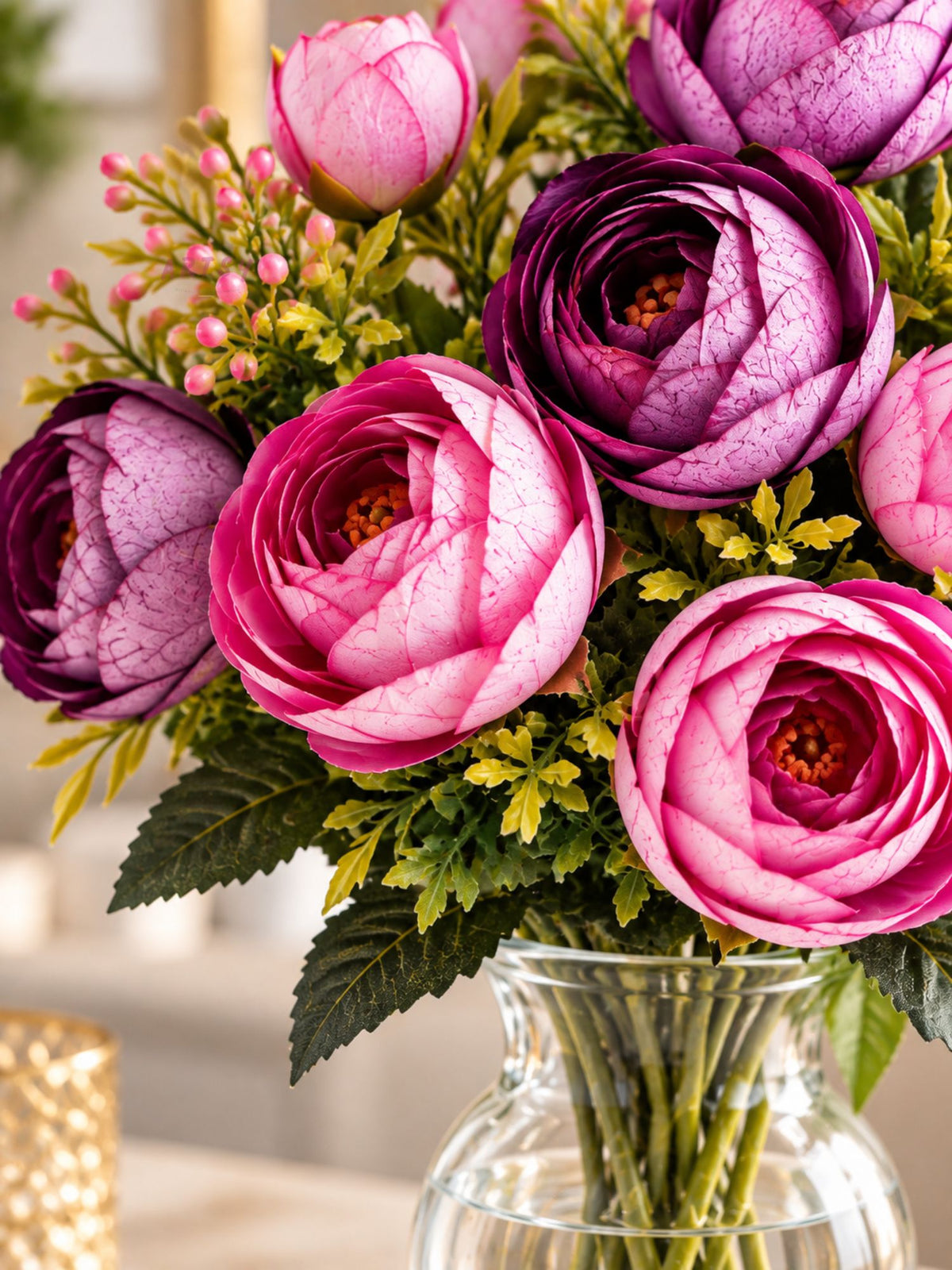 ARTSY Artificial Ranunculus Flower Bunches – Pack of 2, Realistic Faux Flowers for Home Décor, Wedding, Living Room & Gifting