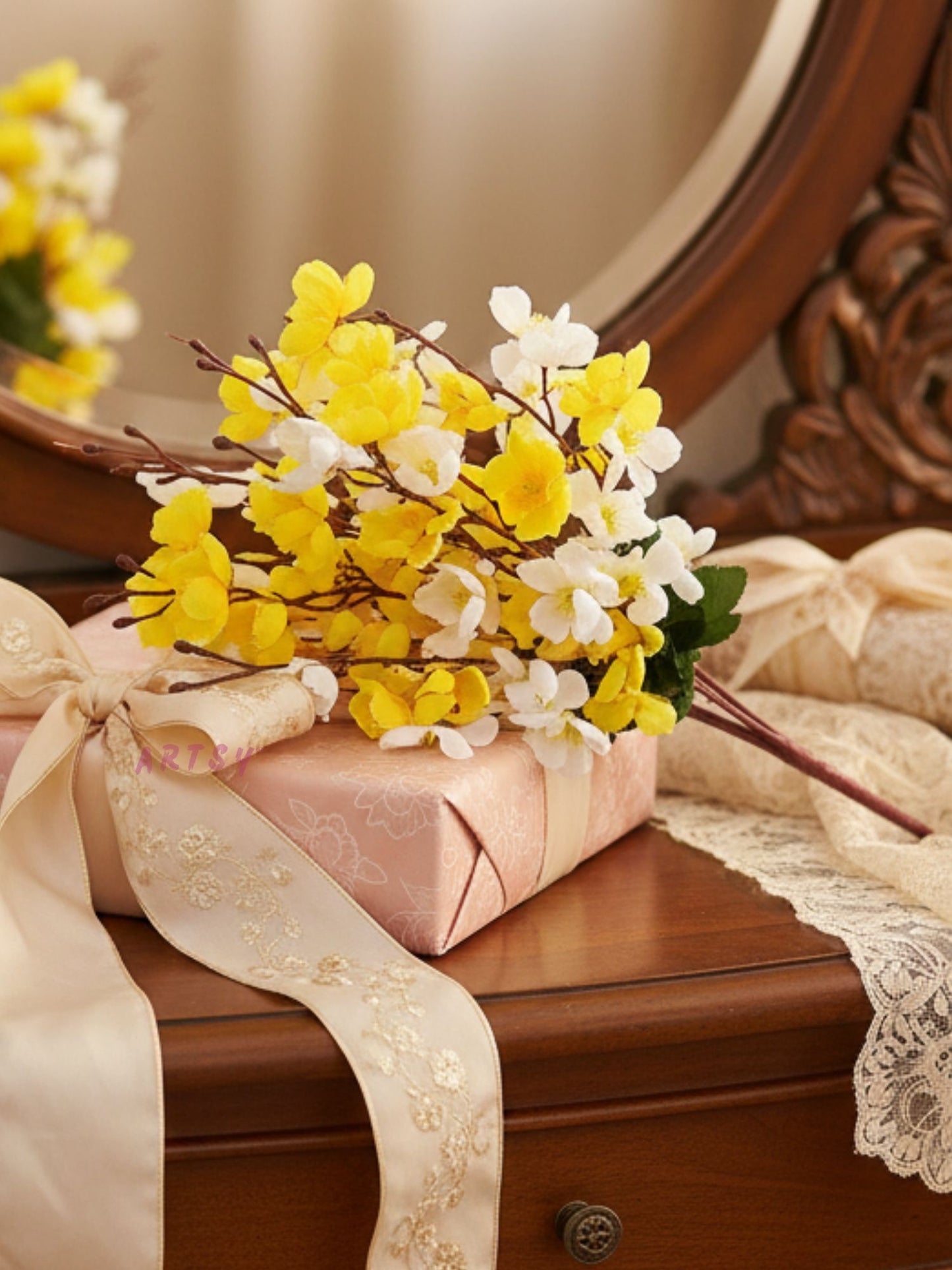 Artificial Cherry Blossom Flower Bunch (White & Yellow) – Elegant Decorative Floral Bunch