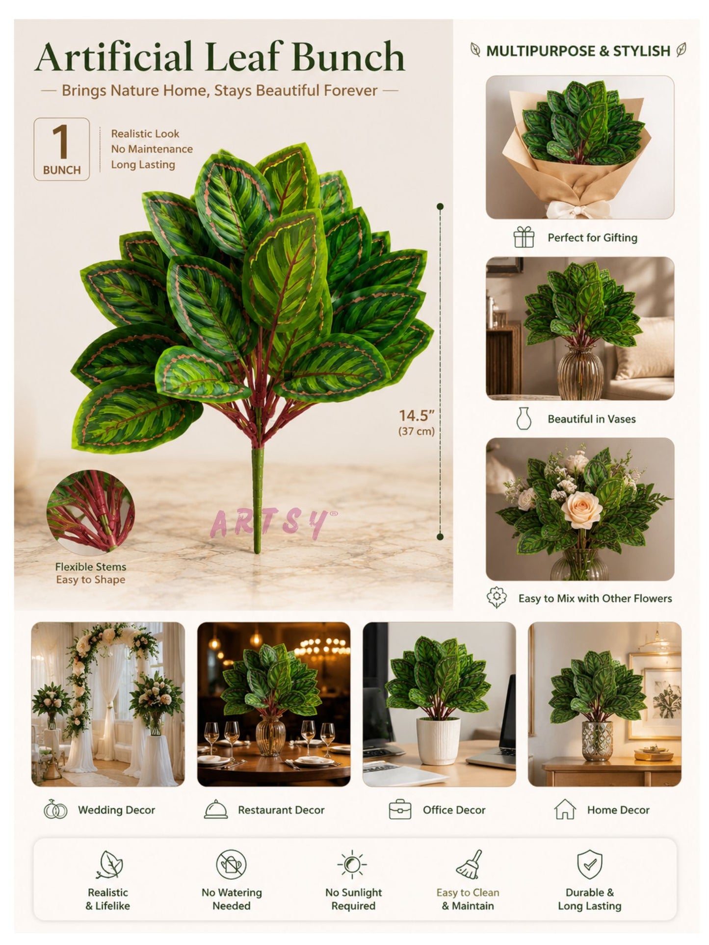 ARTSY Artificial Tropical Calathea Leaf Bunch – Decorative Faux Green Plant for Home & Office