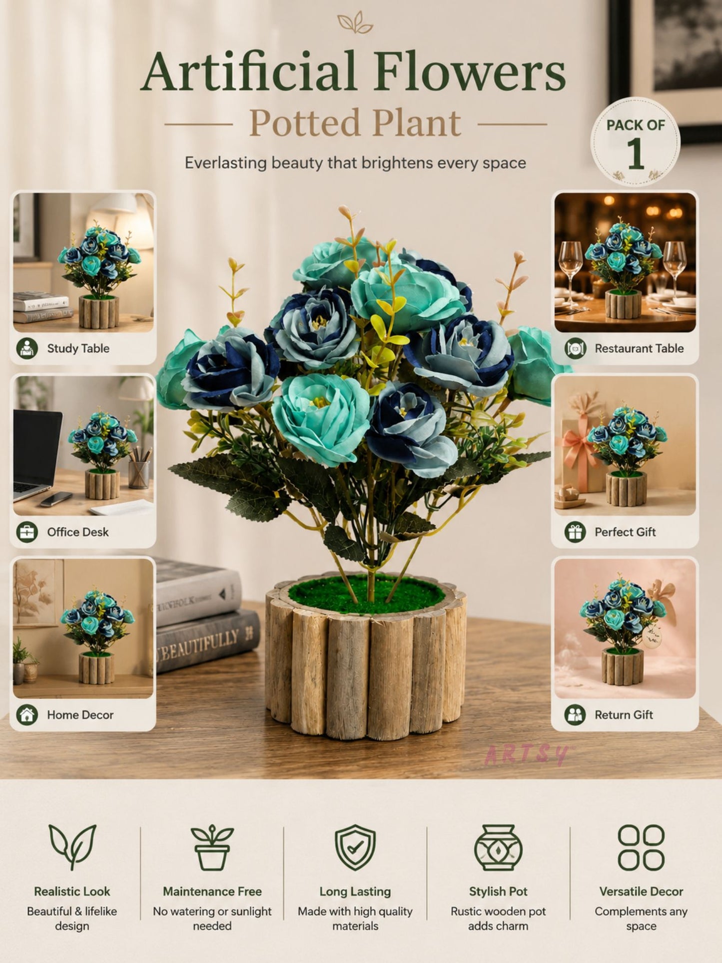 Luxury Artificial Rose Flower Pot – Premium Teal & Navy Floral Home Decor Arrangement, Pack of 1