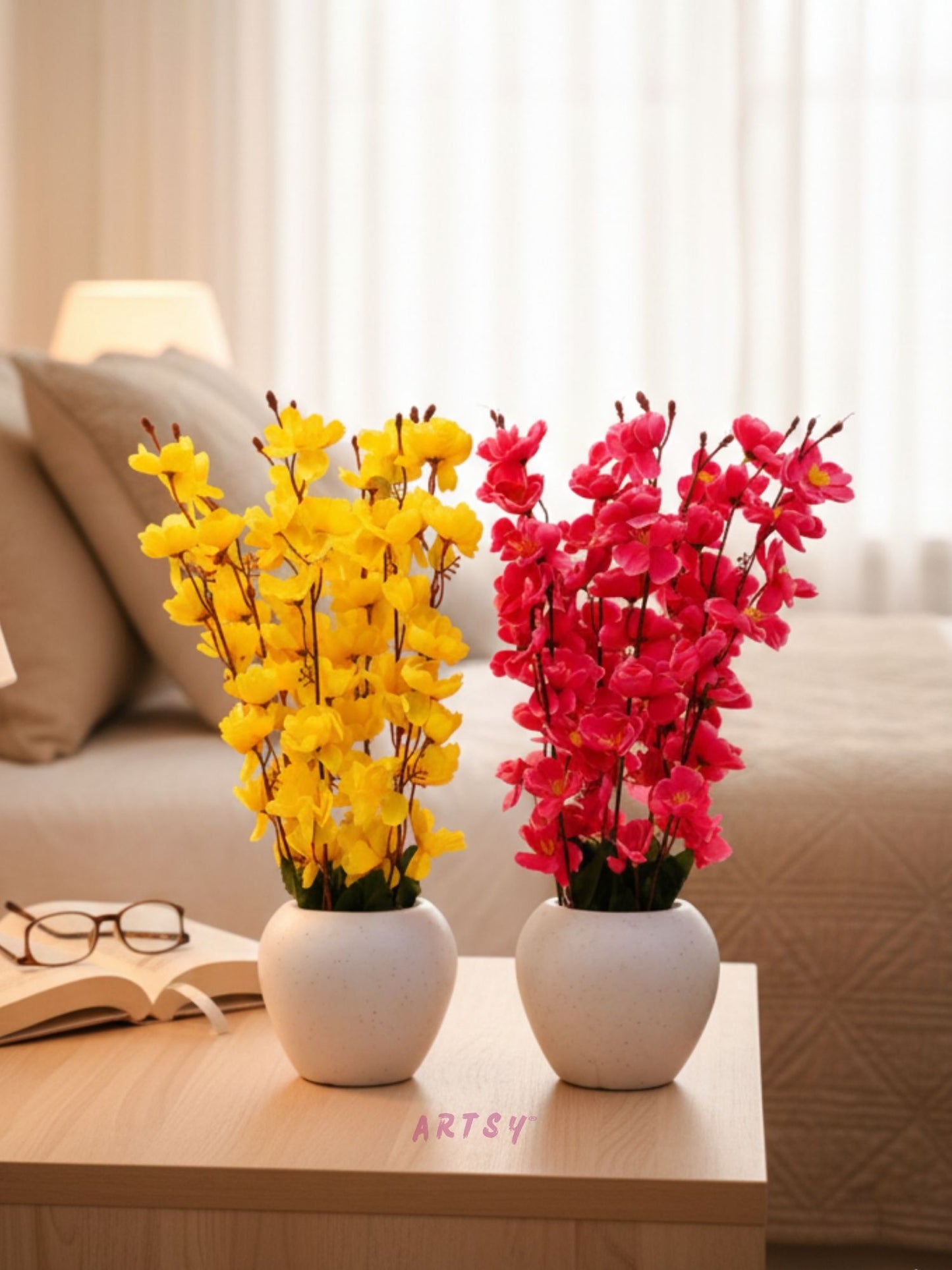 Artificial Blossom Flower Pot Set of 2 – Luxury Decorative Floral Arrangement for Home & Office Decor