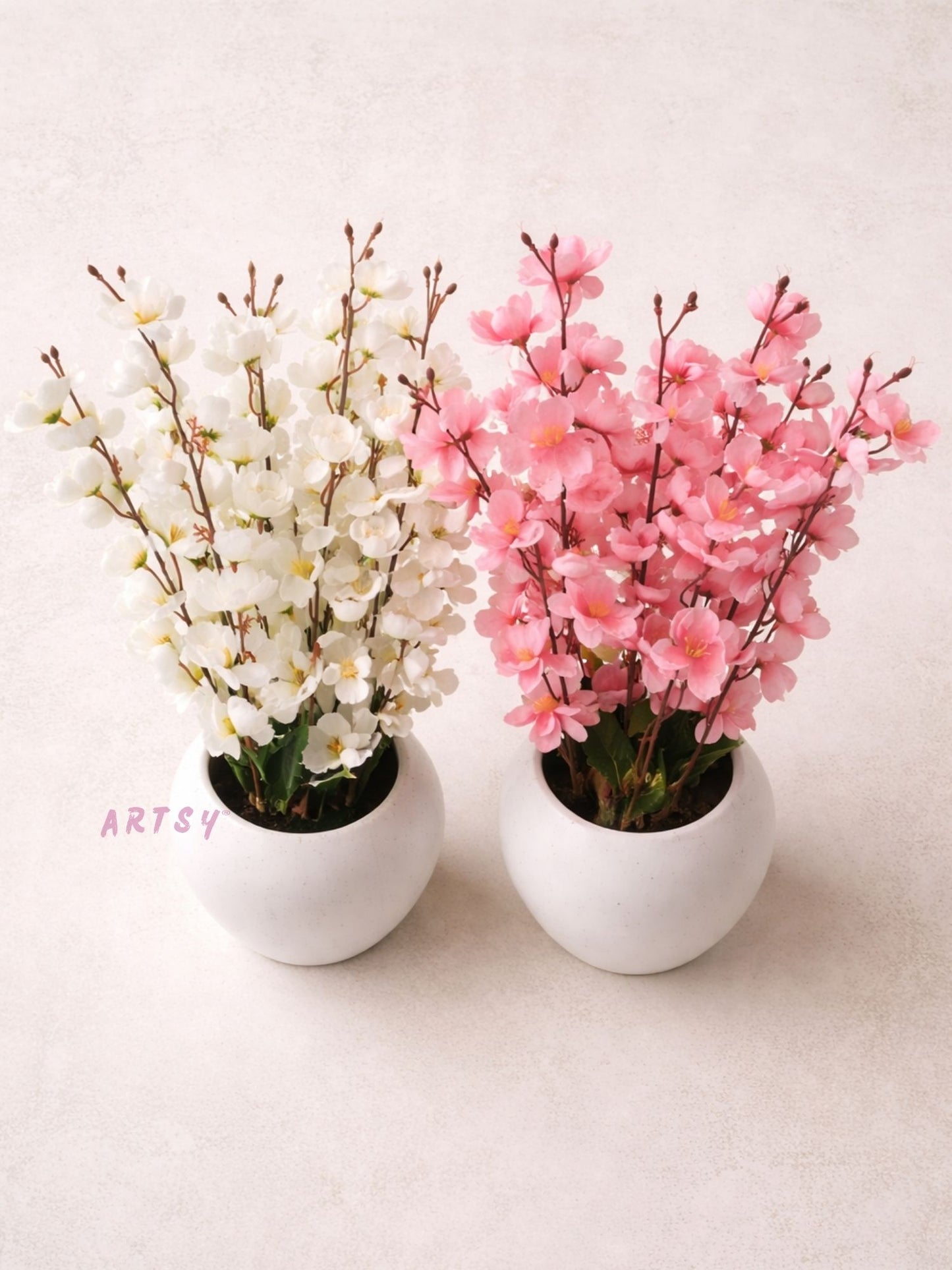 Artificial Cherry Blossom Flower Pot – Premium Luxury Home Décor Table Accent, Pack of 2 Pieces