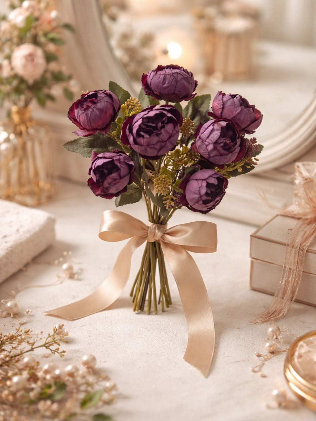 ARTSY Artificial Purple Peony Flower Bunch with Greenery, 35 cm Faux Floral Arrangement for Home Decor