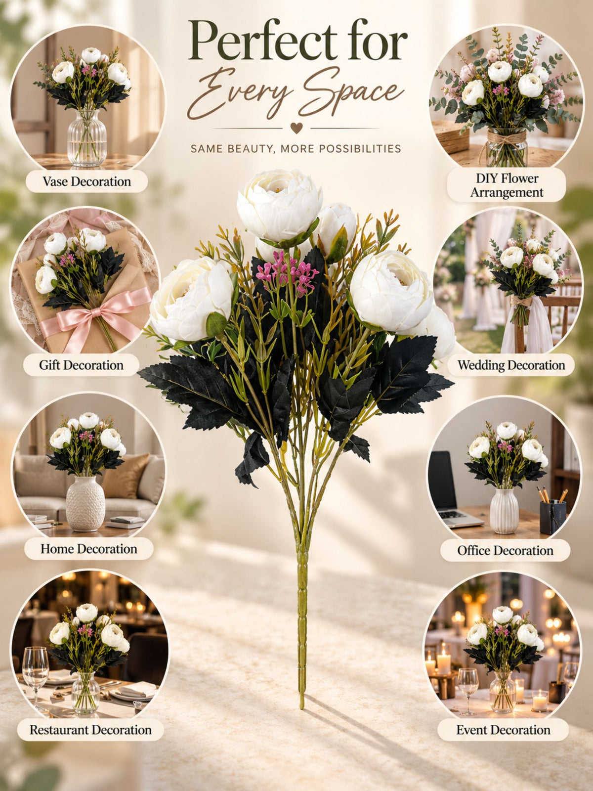 Artificial Ranunculus Flower Bunch - White | ARTSY