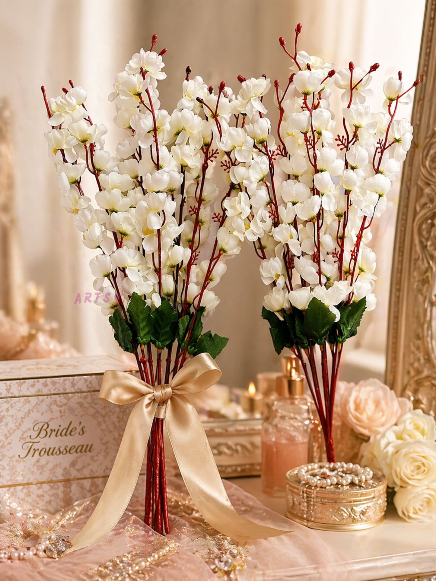 Artificial White Blossom Flower Stems for Home Decor | Luxury Faux Floral Arrangement, Pack of 2 Pieces