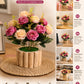 Elegant Artificial Rose Bouquet in Rustic Wooden Pot – Luxury Floral Home Décor, Pack of 1