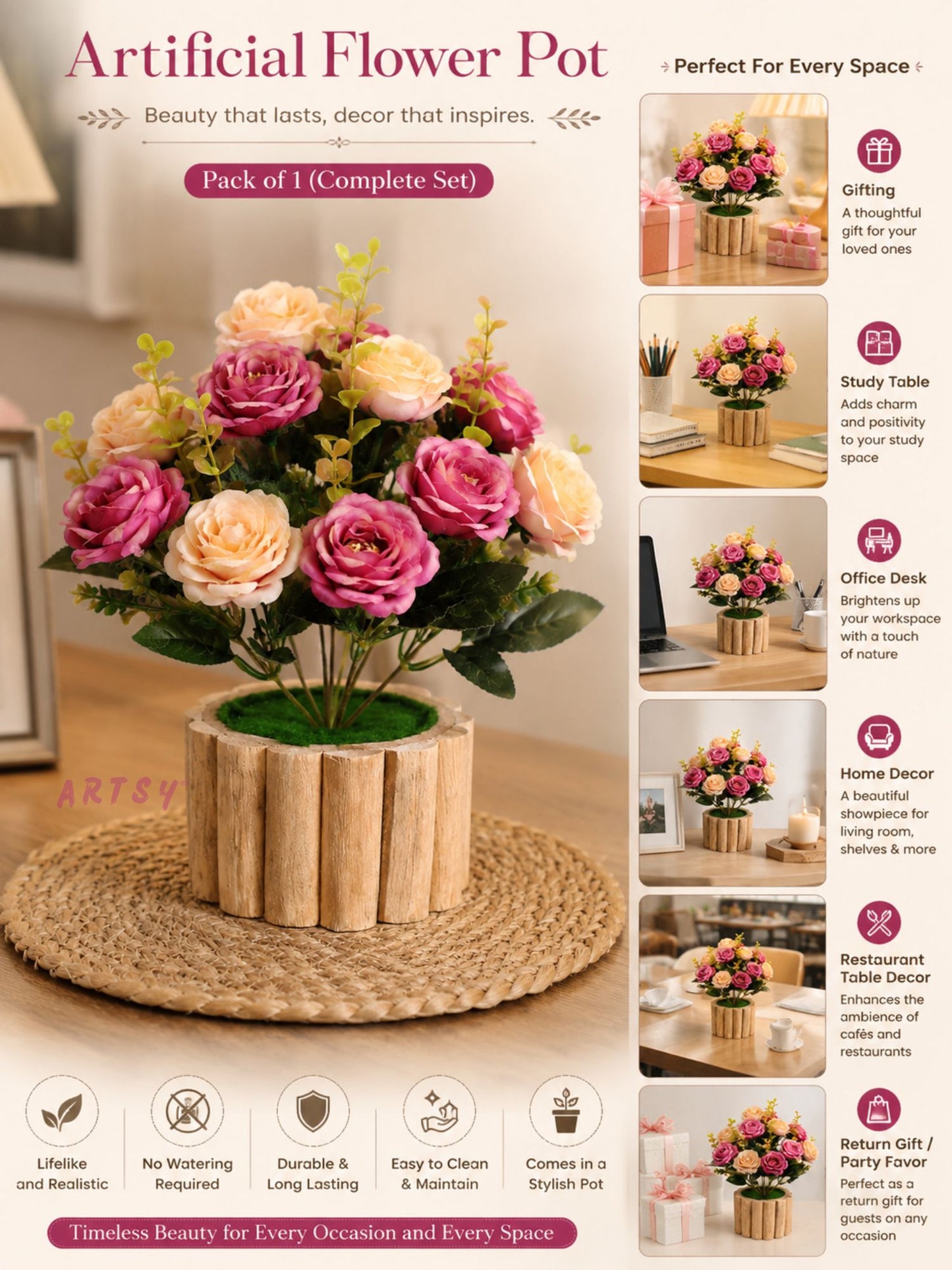 Elegant Artificial Rose Bouquet in Rustic Wooden Pot – Luxury Floral Home Décor, Pack of 1