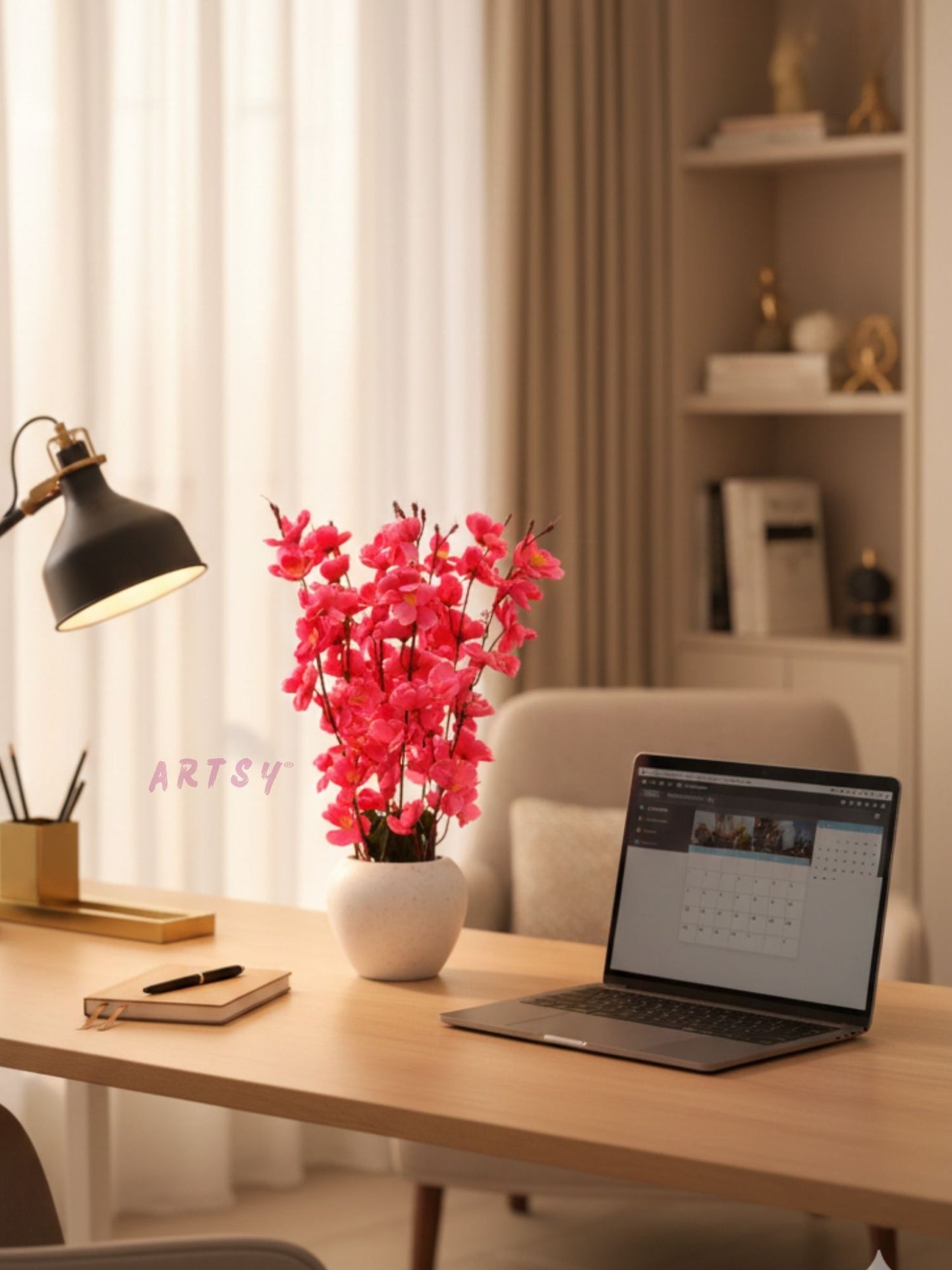 Luxury Artificial Pink Blossom Floral Arrangement with Decorative Vase – Elegant Home Decor Accent, Pack of 1