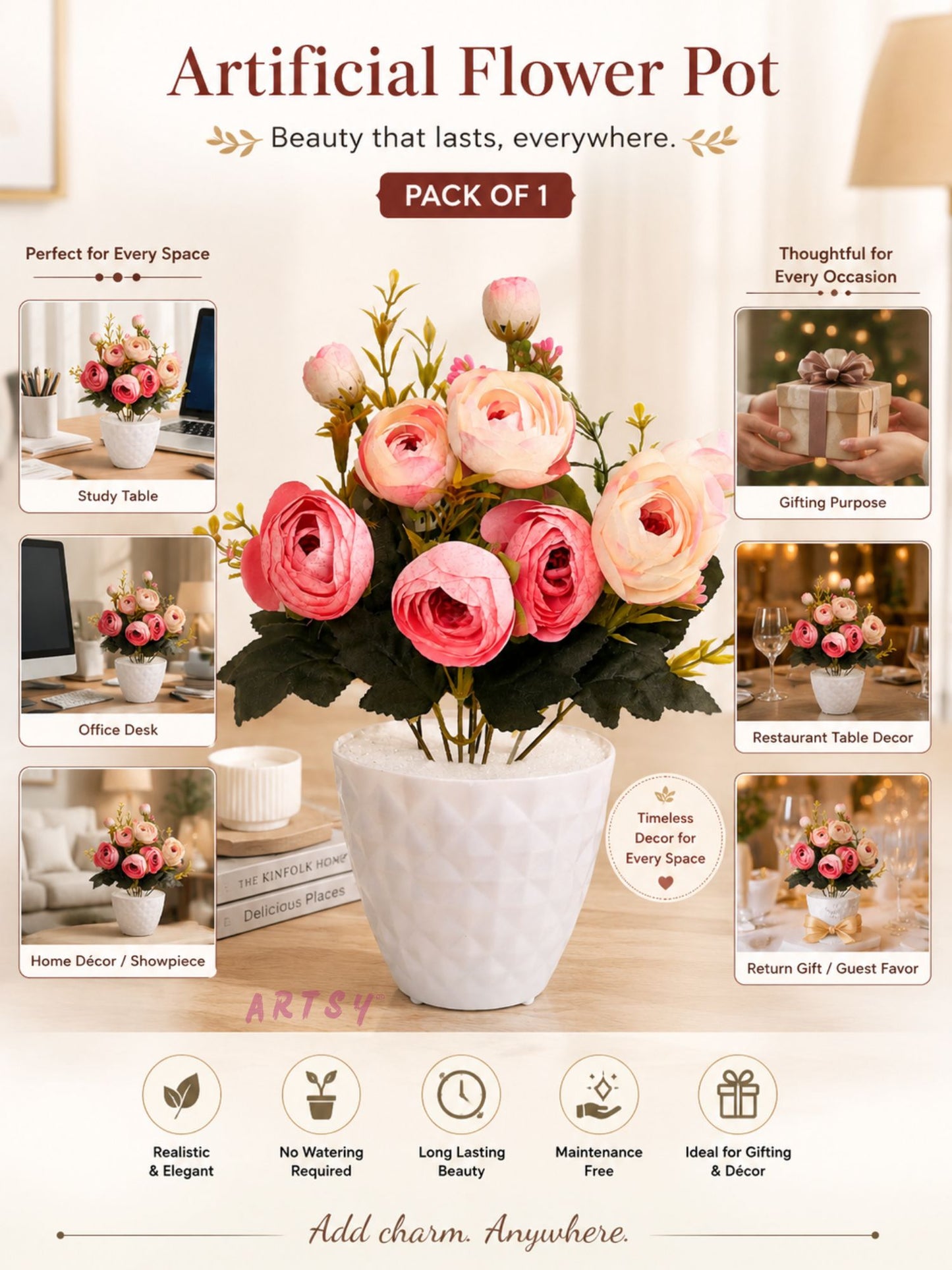 Elegant Artificial Floral Pot for Living Room & Table Décor – Pack of 1