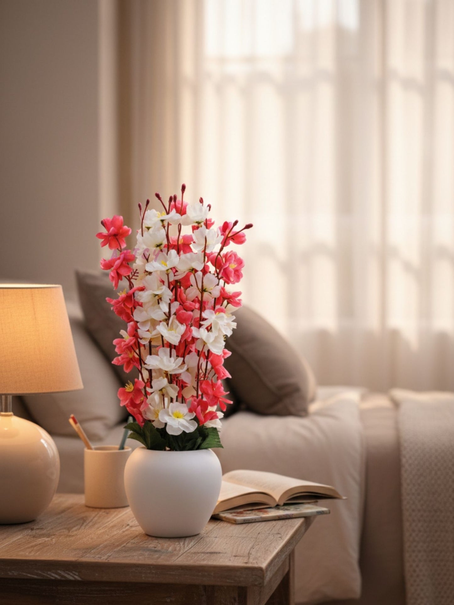 Artificial Pink & White Blossom Flower Arrangement in Pot | Elegant Home Decor Floral Accent (Pack of 1)