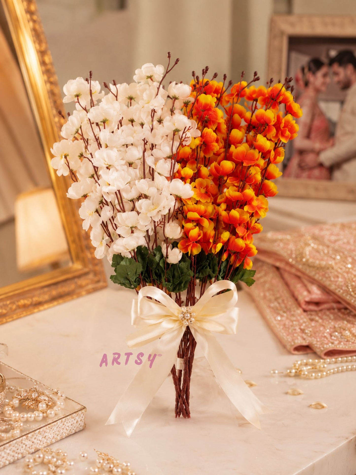 Elegant Faux Blossom Stem Arrangement for Modern Interiors, Pack of 2