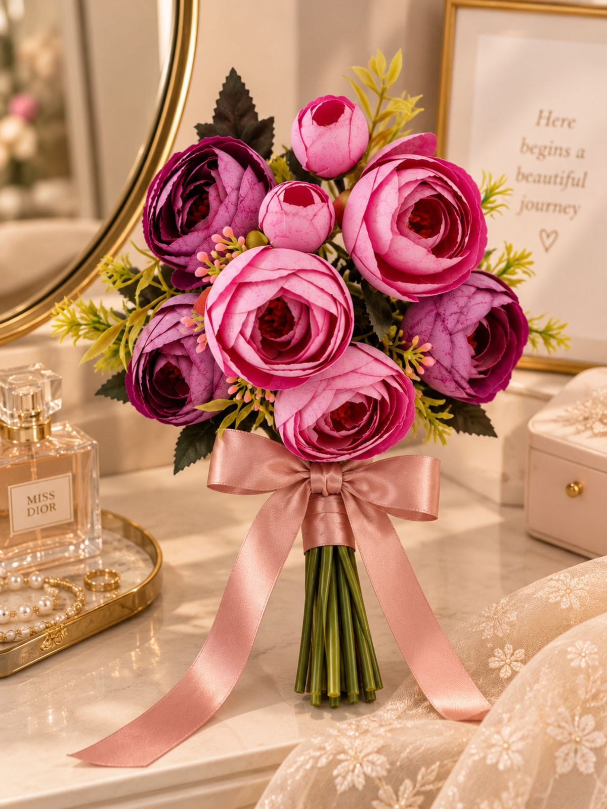 ARTSY Artificial Rose Flower Bunch – Pink & Purple Realistic Faux Flowers for Home Décor, Wedding & Gifting