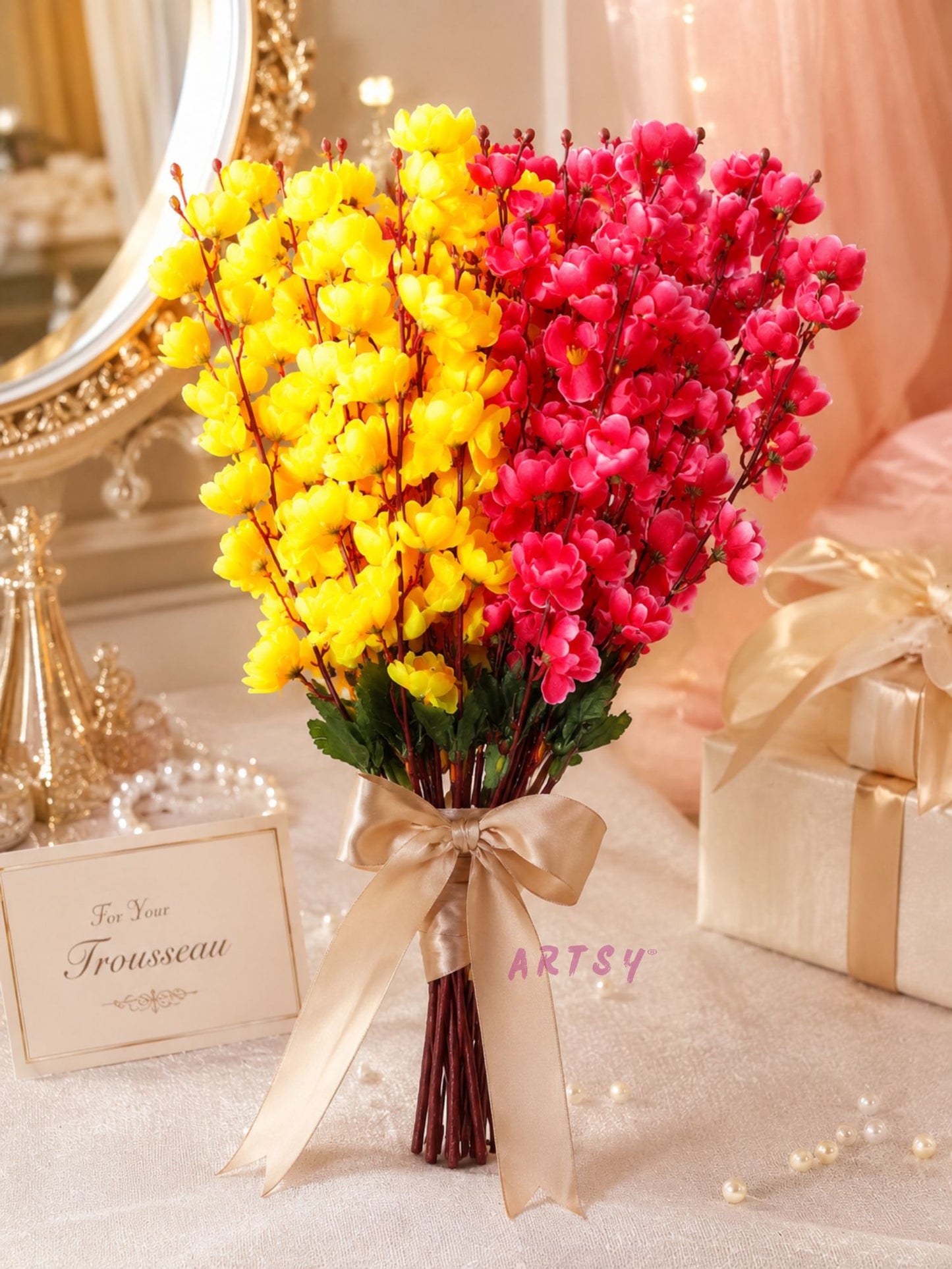 Designer Artificial Floral Bouquet – Luxury Decorative Blossom Arrangement for Living Room, Pack of 2