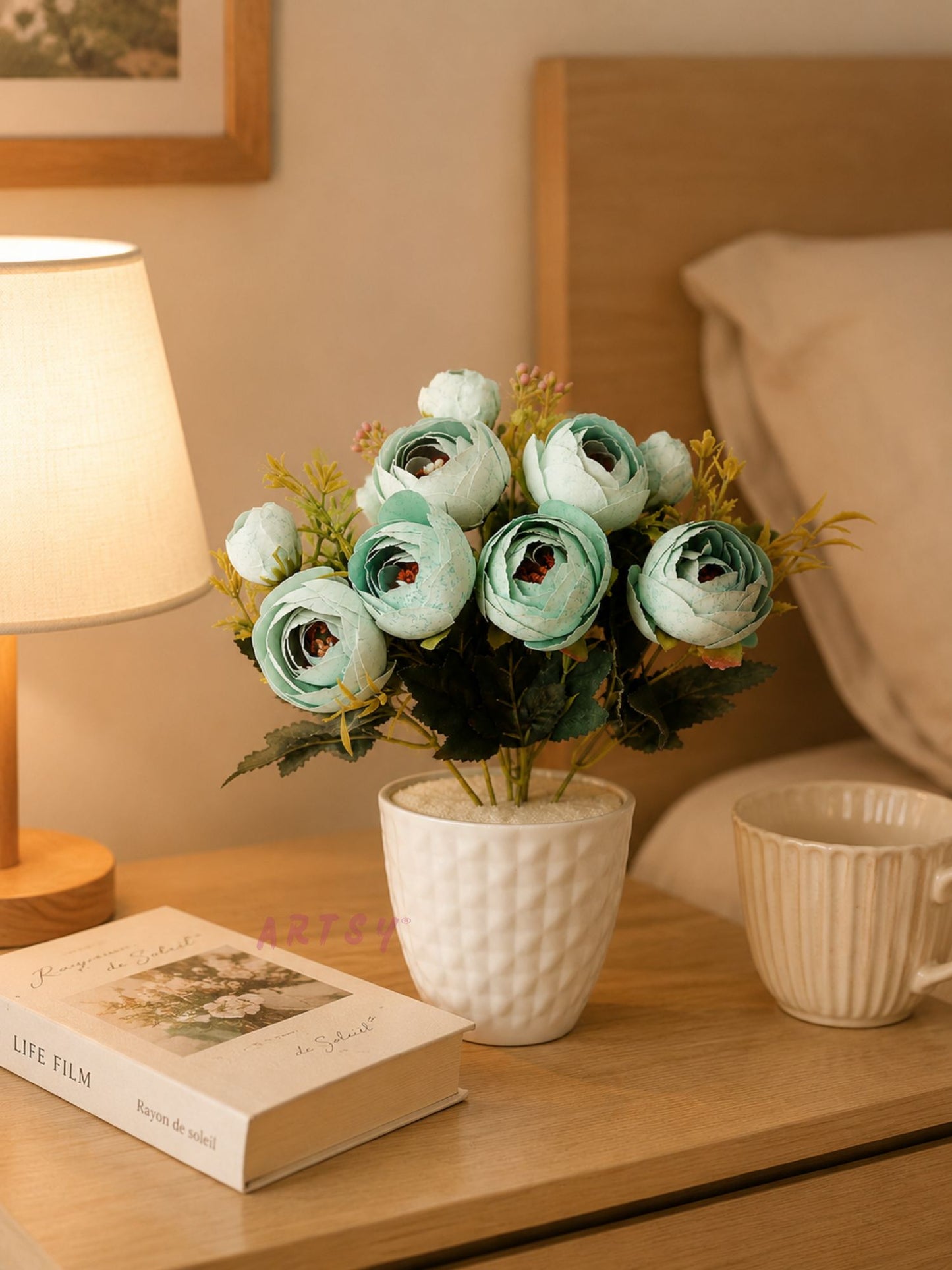 ARTSY® Artificial flowers with pot for Home decoration, table top, office decor, peony flowers, craft, gift, 35 cm height, Green, Pack of 1 Piece