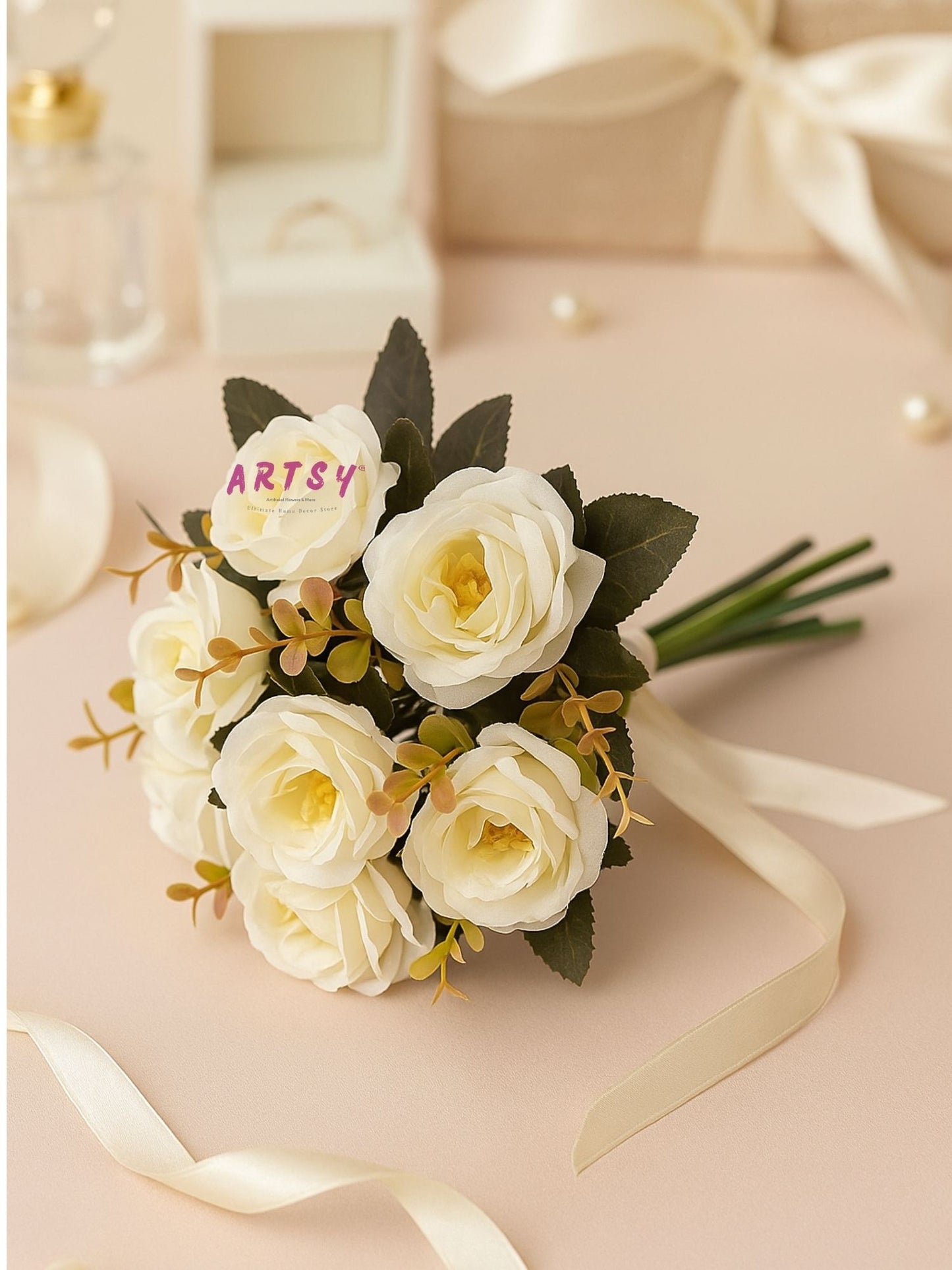Real Touch White Rose Flower Bunch, Pack of 1 Piece
