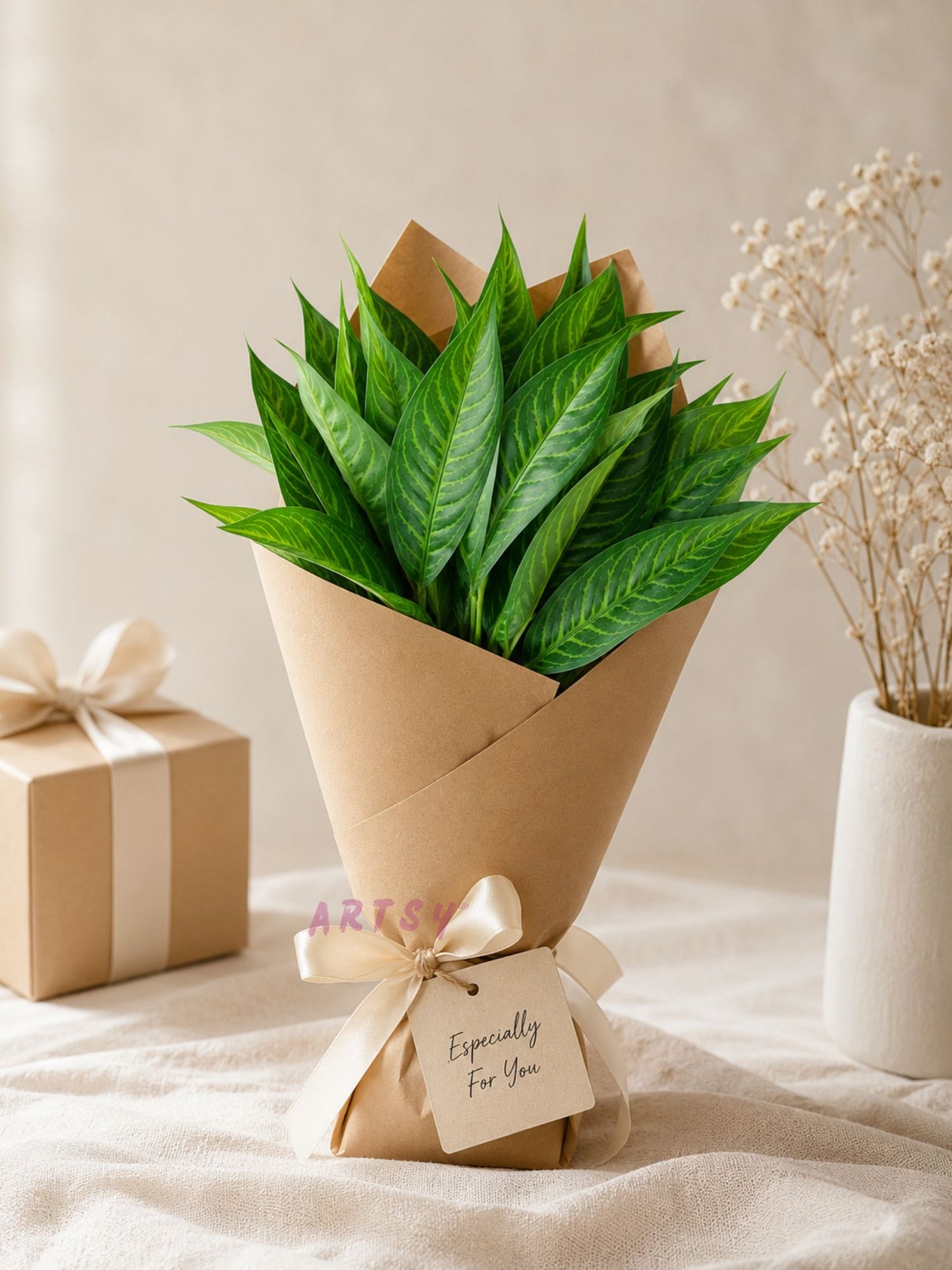 ARTSY Artificial Green Leaf Plant Bunch for Home Decor, Pack of 2
