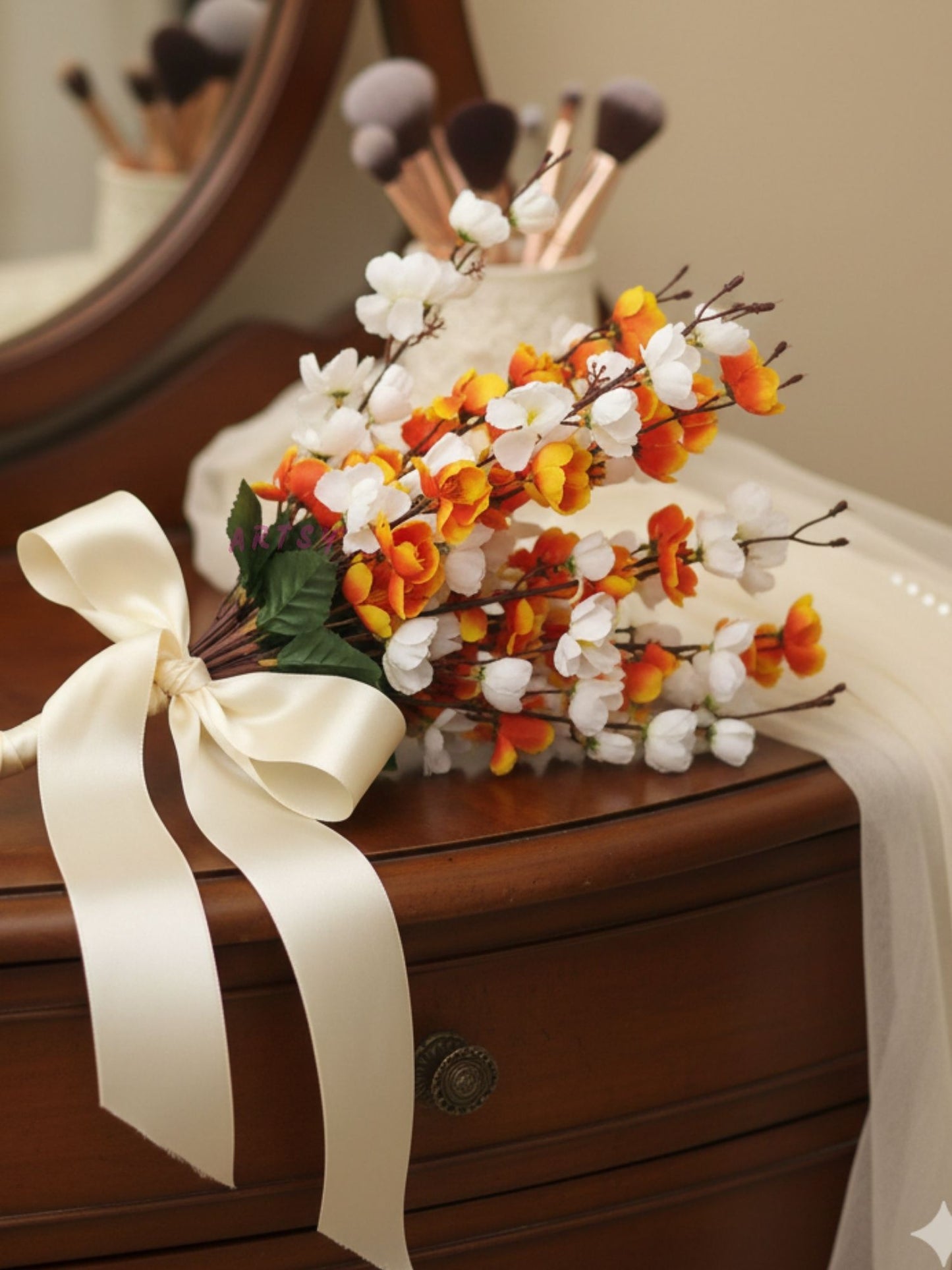 ArtsyDecor Premium Orange & White Artificial Blossom Stem for Home Décor | Realistic Flexible Floral Branch (55 CM, Pack of 1)