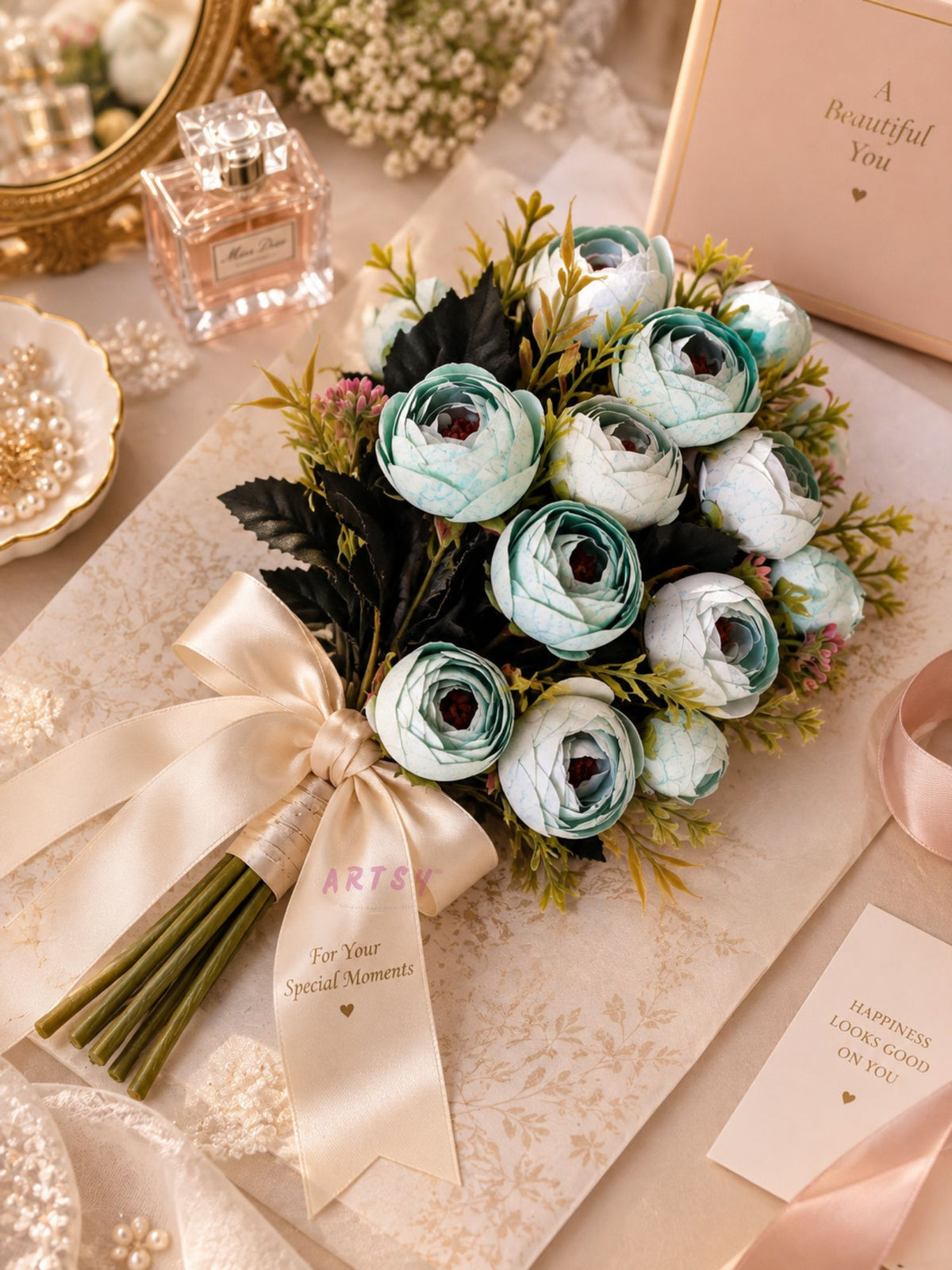 ARTSY Artificial Ranunculus Flower Bunches – Pack of 2, Aqua Green & White Faux Flowers for Home Décor, Wedding & Gifting