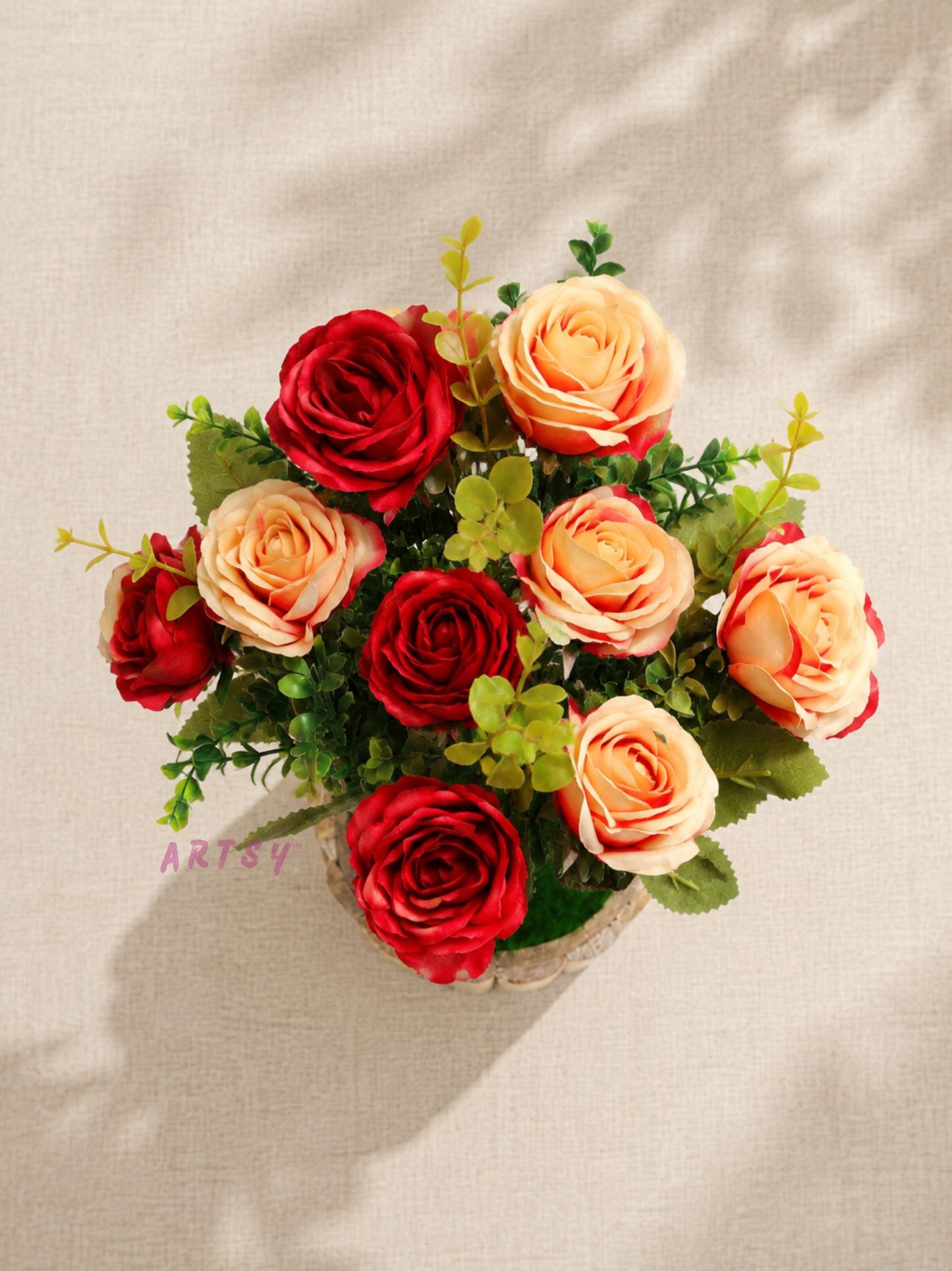Luxury Artificial Rose Flower Arrangement in Rustic Wooden Pot | Elegant Home Table Decor, Pack of 1
