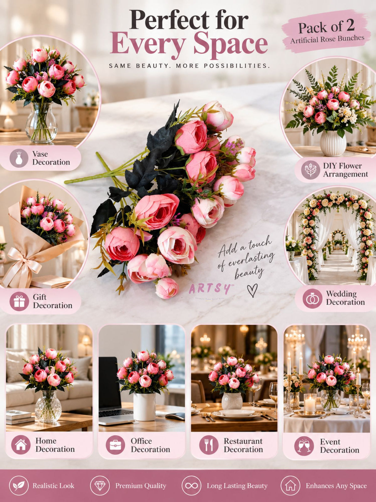 ARTSY Artificial Peony Flower Bunch – Pack of 2, Pink & White Faux Peony Flowers for Home Decor, Wedding, Gifting & Floral Arrangements