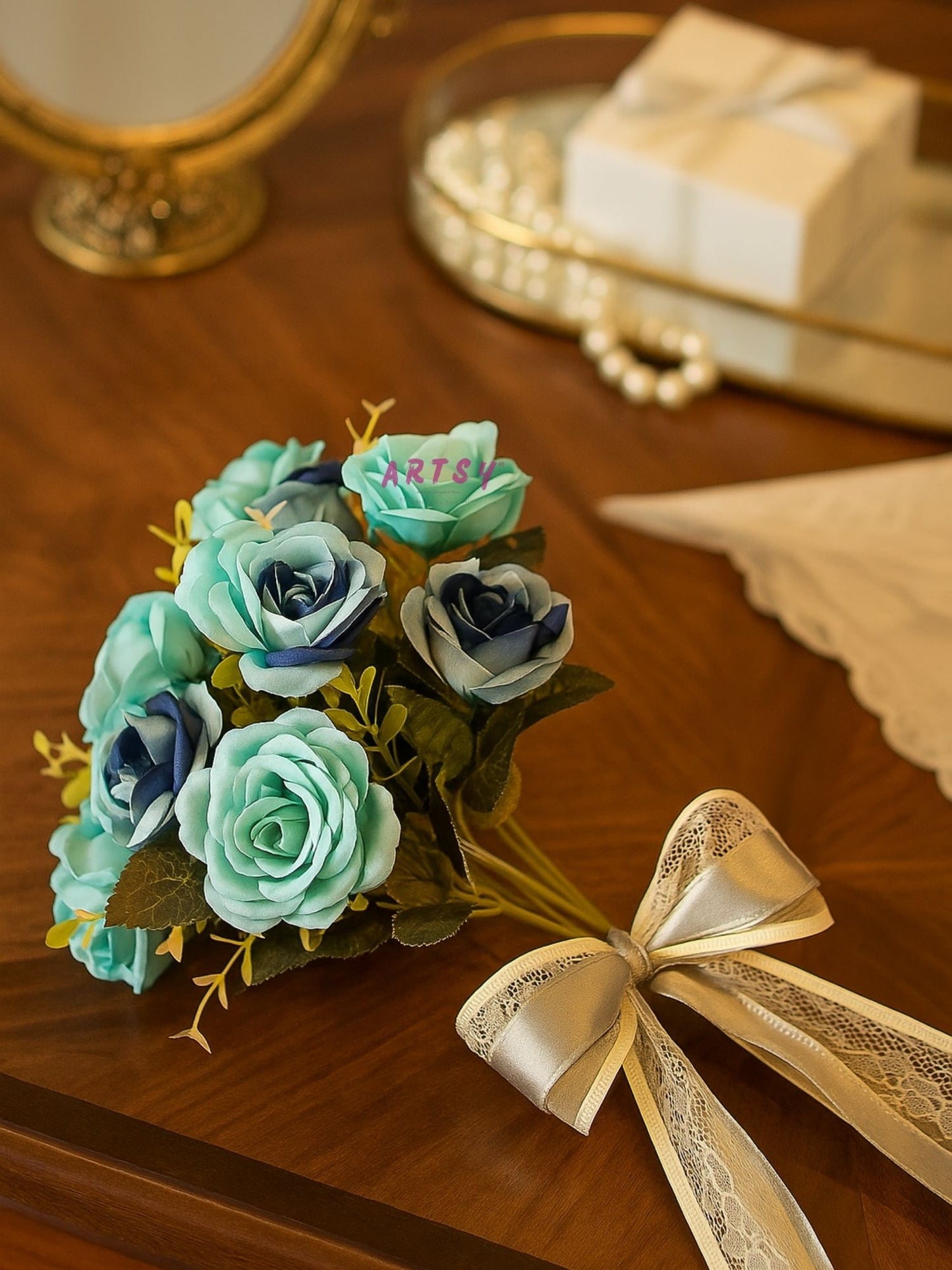 Artificial Rose Flower Bunch (Pack of 2) – Silk Faux Roses for Home, Wedding & Table Décor, Blue
