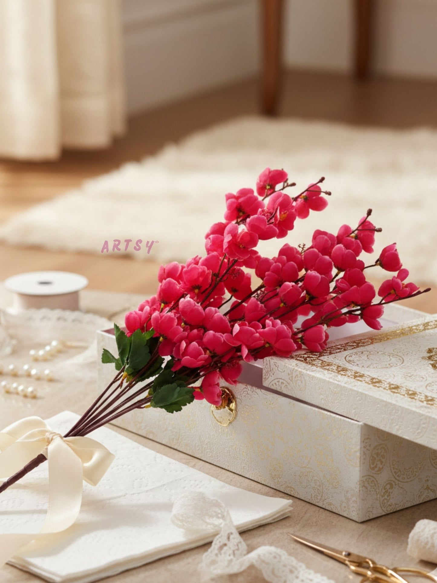 Luxury Artificial Cherry Blossom Flower Stem for Home Decor Vase Arrangement, Pack of 1, Maroon