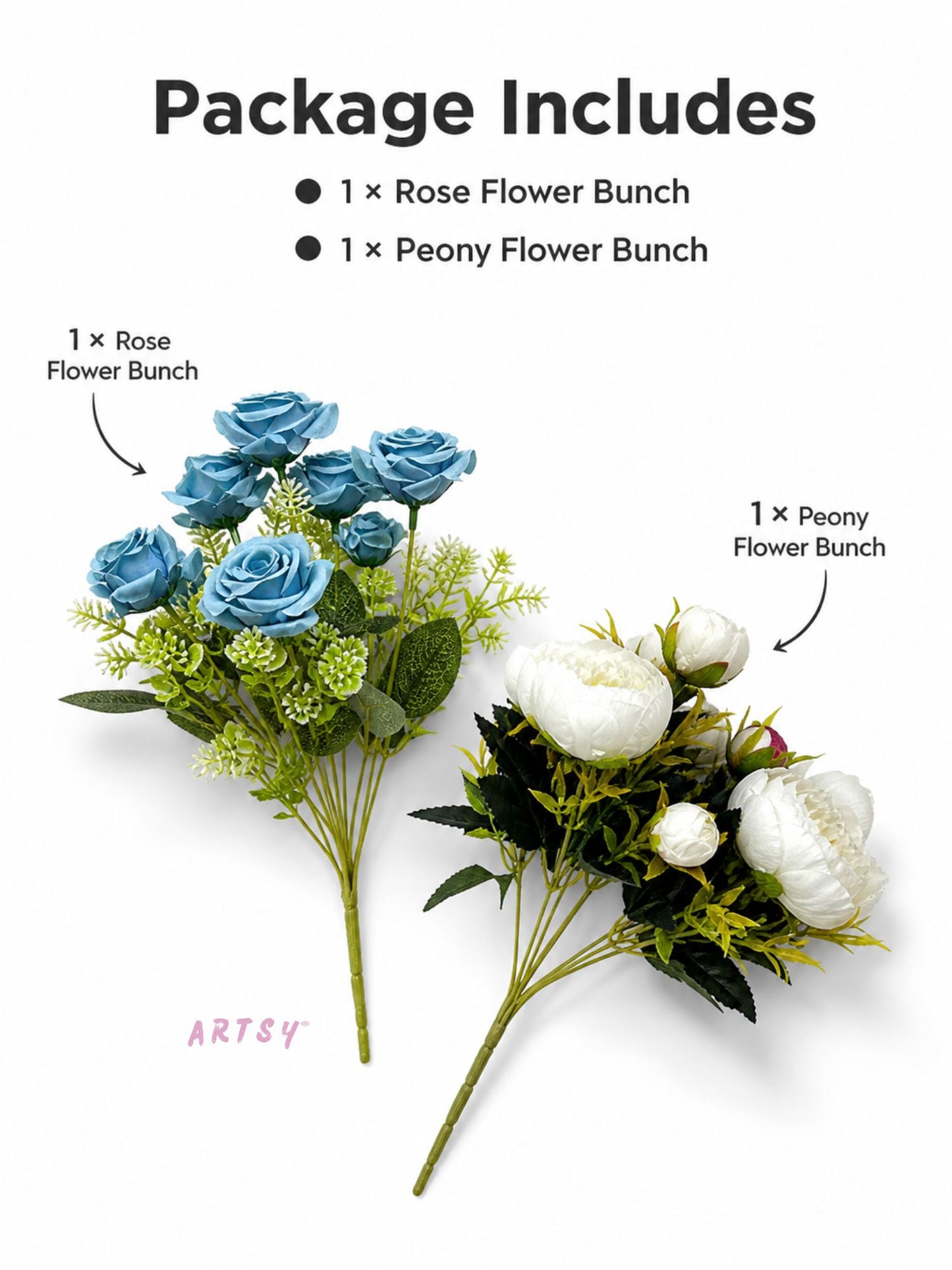 ARTSY Artificial Blue Rose & White Peony Flower Bunch Combo | Pack of 2 Fake Flowers for Home Decoration, Living Room, Office, Wedding & Table Decor