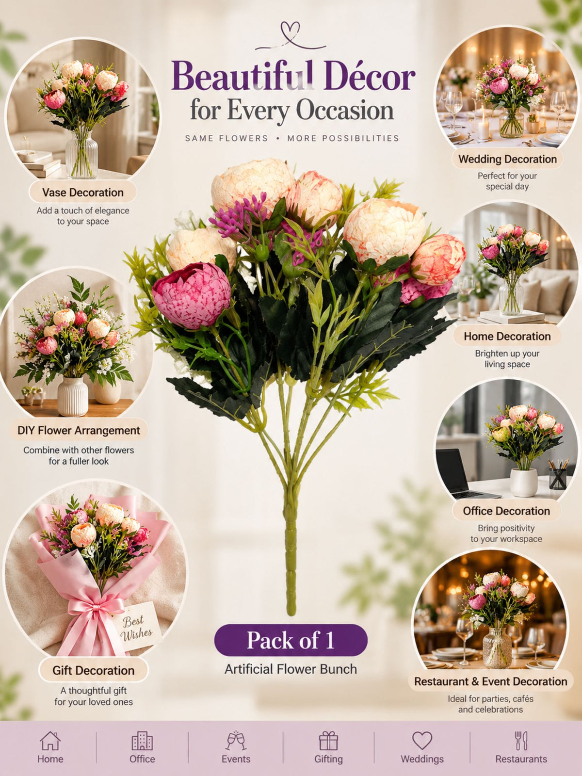 ARTSY Artificial Flower Bunch – Realistic Peony Flowers with Green Leaves for Home Décor, Wedding & Floral Decoration | 1 Piece