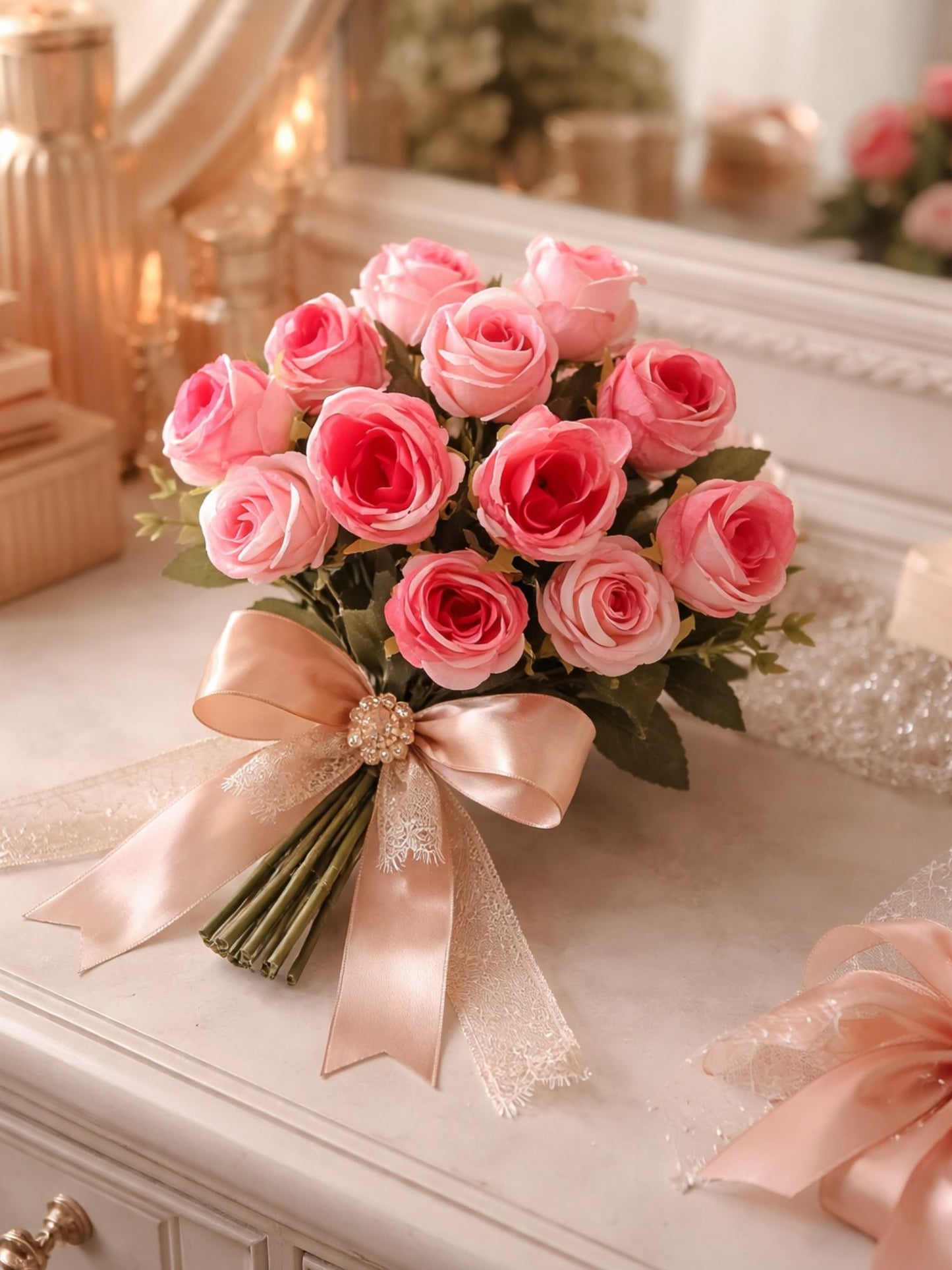 Artificial Pink Rose Bunch