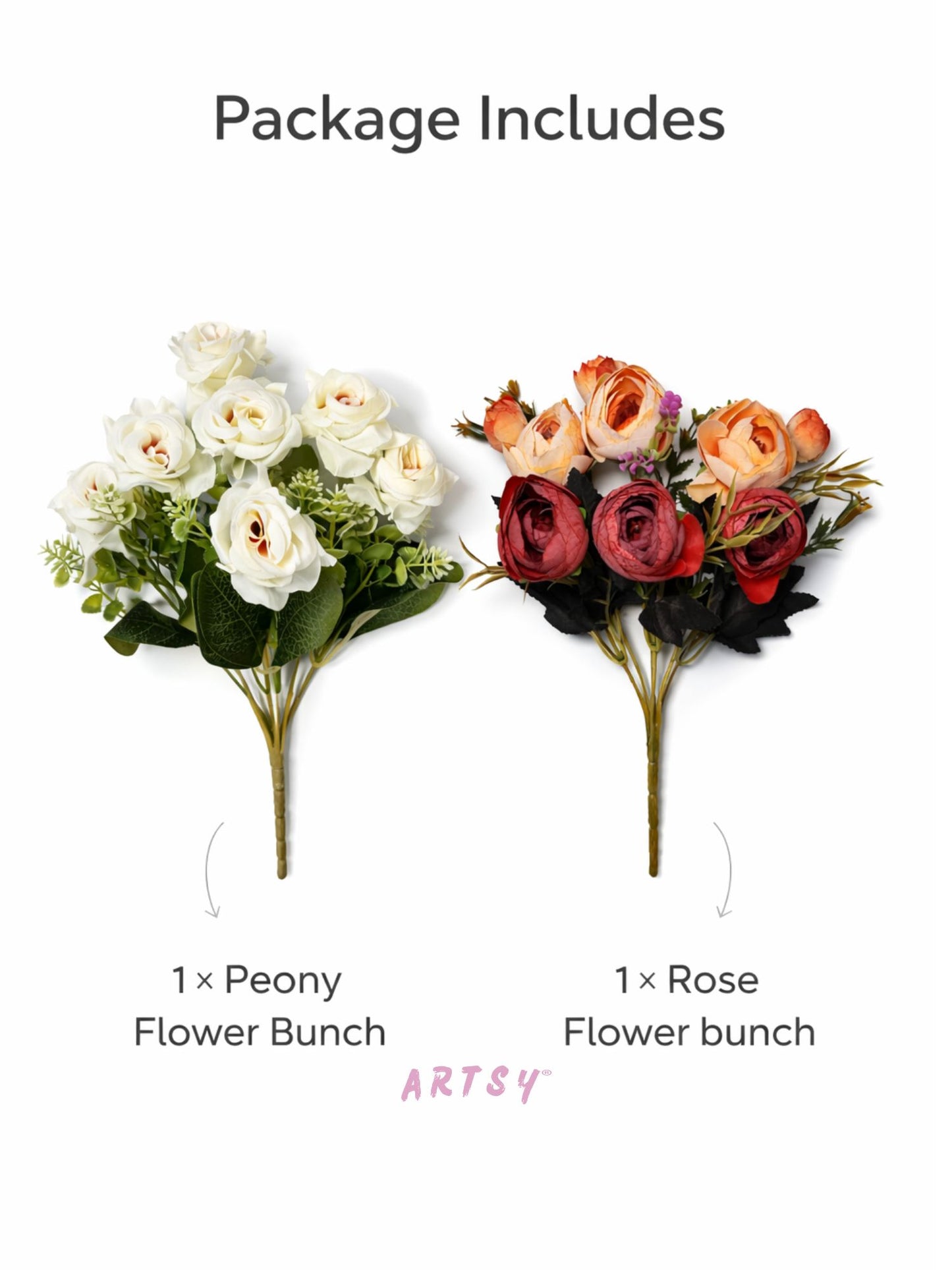 ARTSY Artificial Peony & Rose Flower Bunch Set for Home Decoration | Realistic Faux Floral Arrangement | Wedding, Living Room, Office & Table Decor | Pack of 2